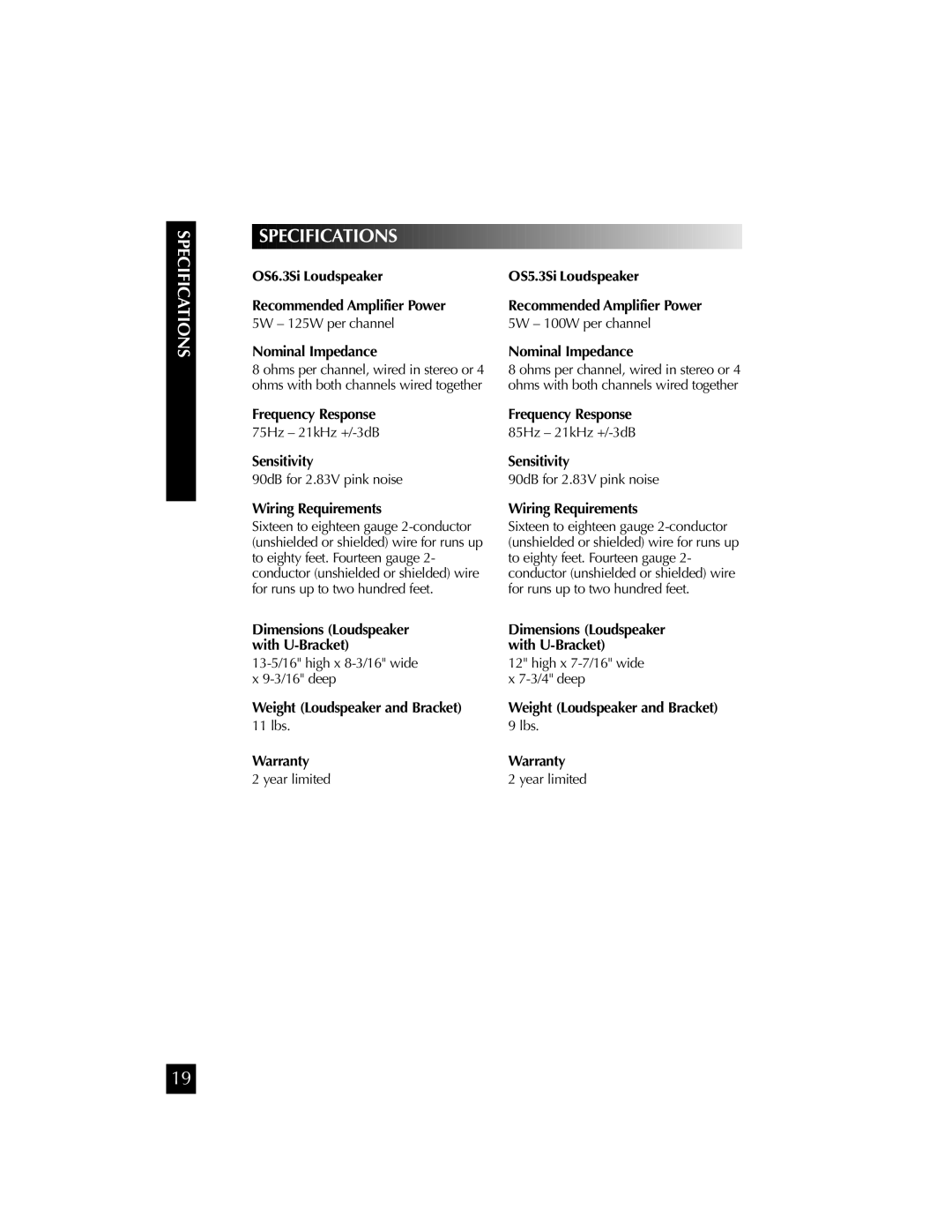 Niles Audio OS5.3SI manual Specifications 