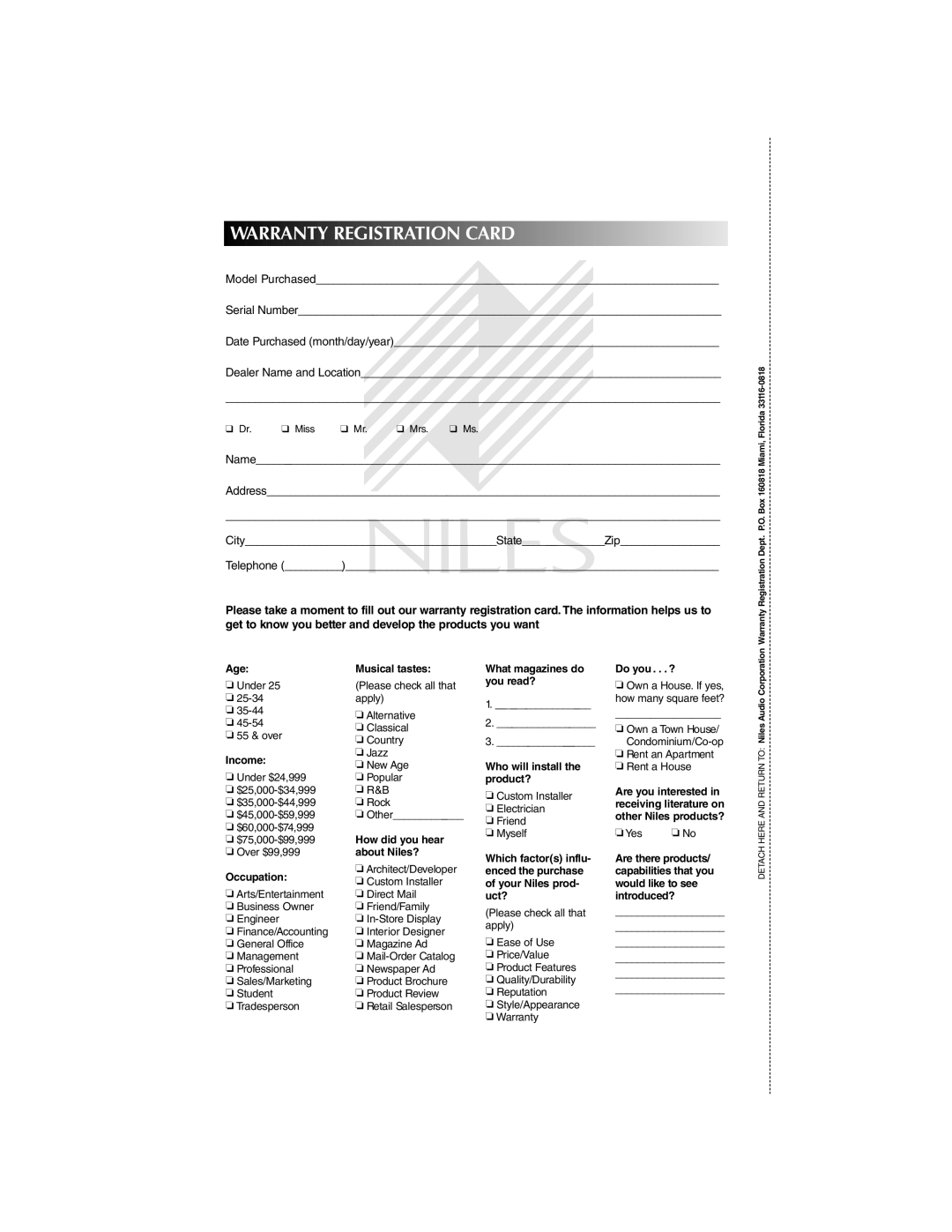 Niles Audio OS5.3SI manual Warranty Registration Card, Age Musical tastes 