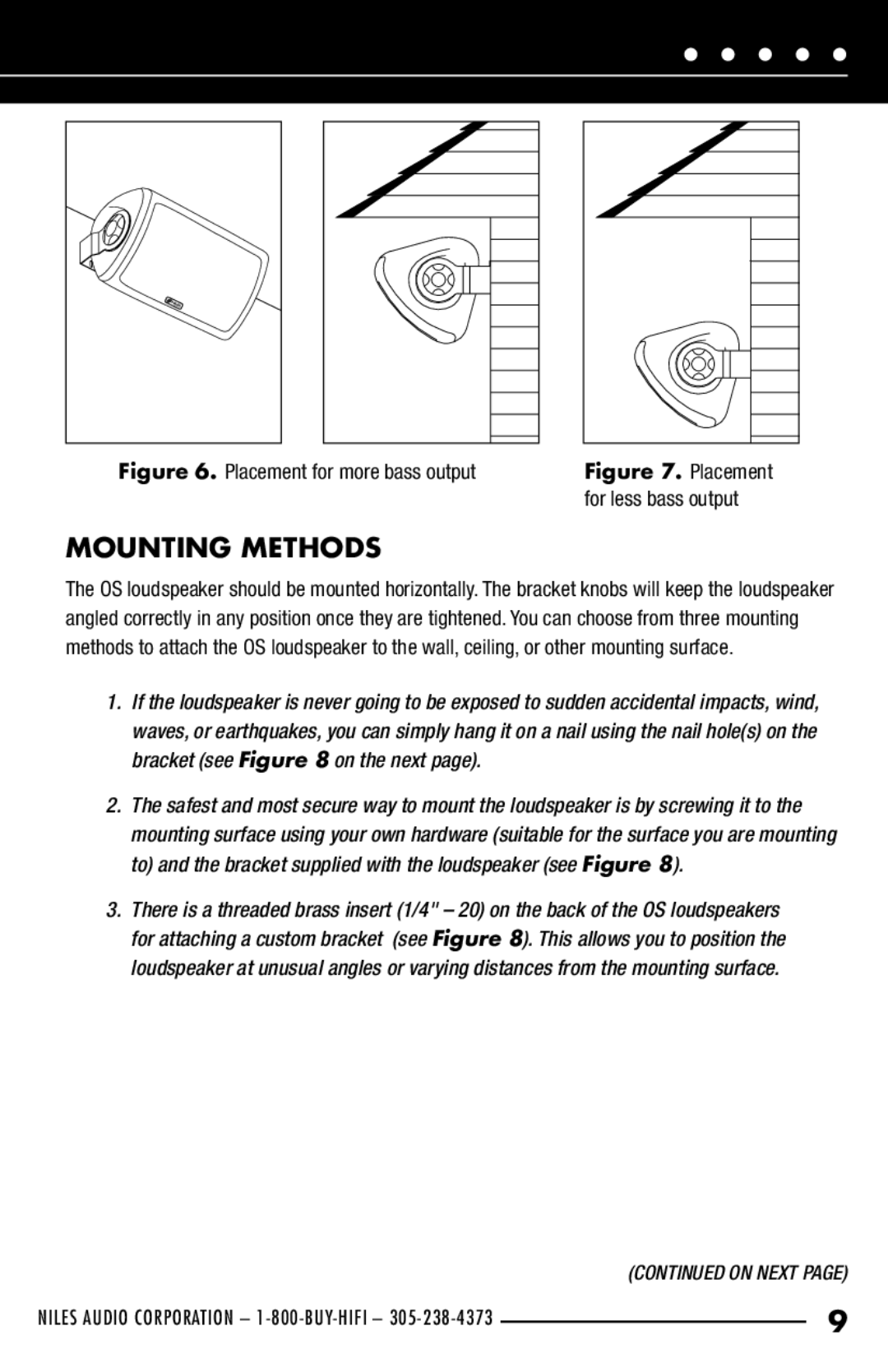 Niles Audio OS63SIBLACK, OS53SIBLACK manual Mounting Methods, Placement for more bass output 