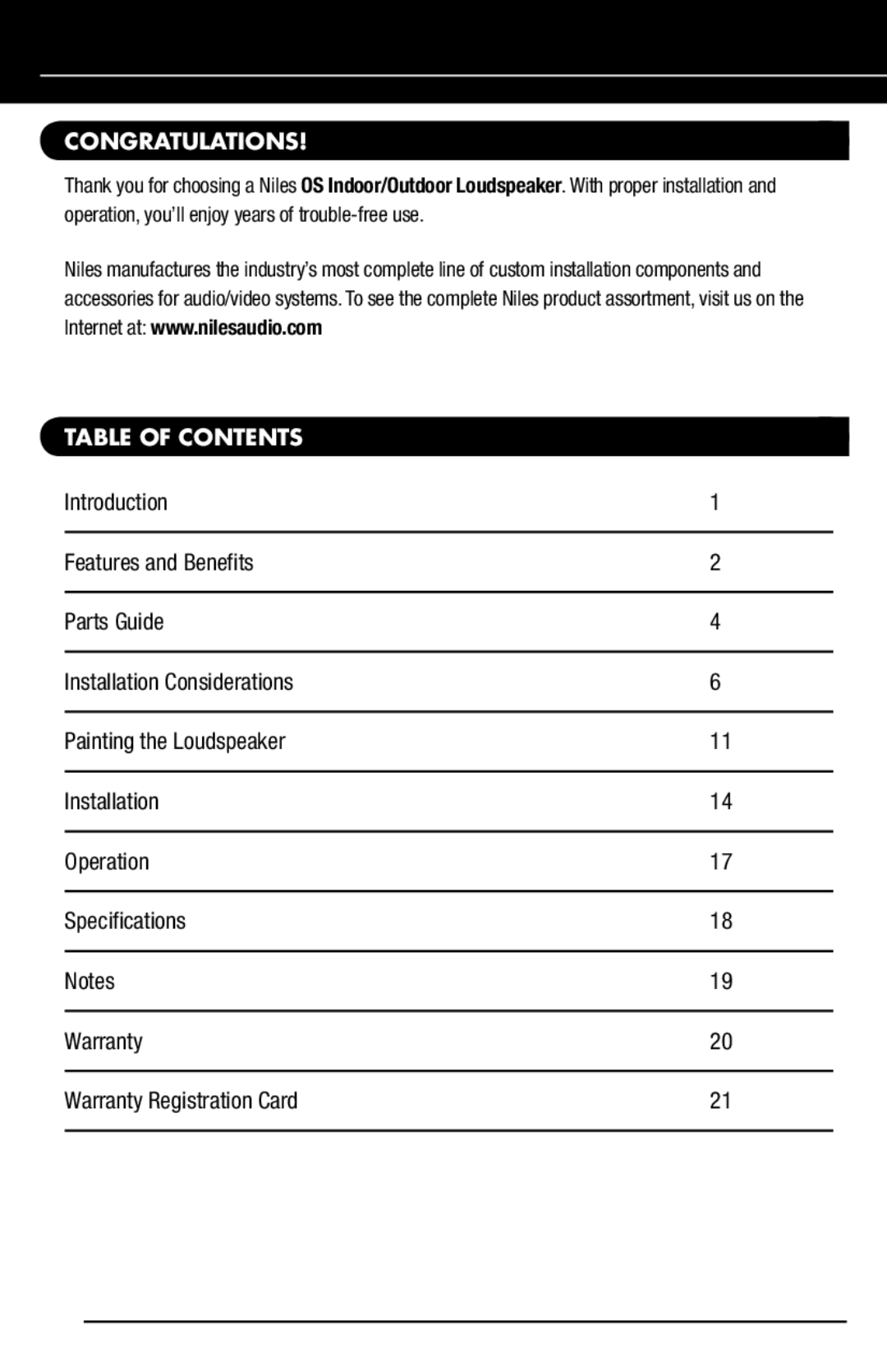 Niles Audio OS53SIBLACK, OS63SIBLACK manual Table of Contents 