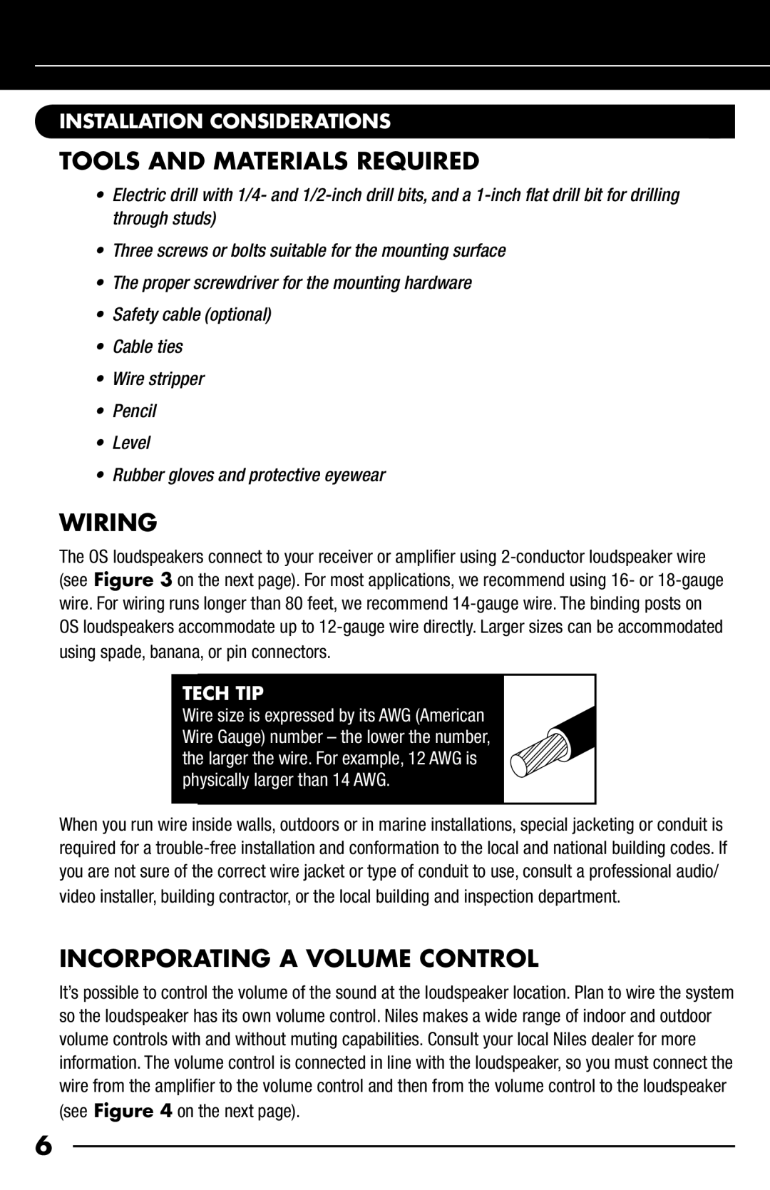 Niles Audio OS53SIBLACK Tools and Materials Required, Wiring, Incorporating a Volume Control, Installation Considerations 