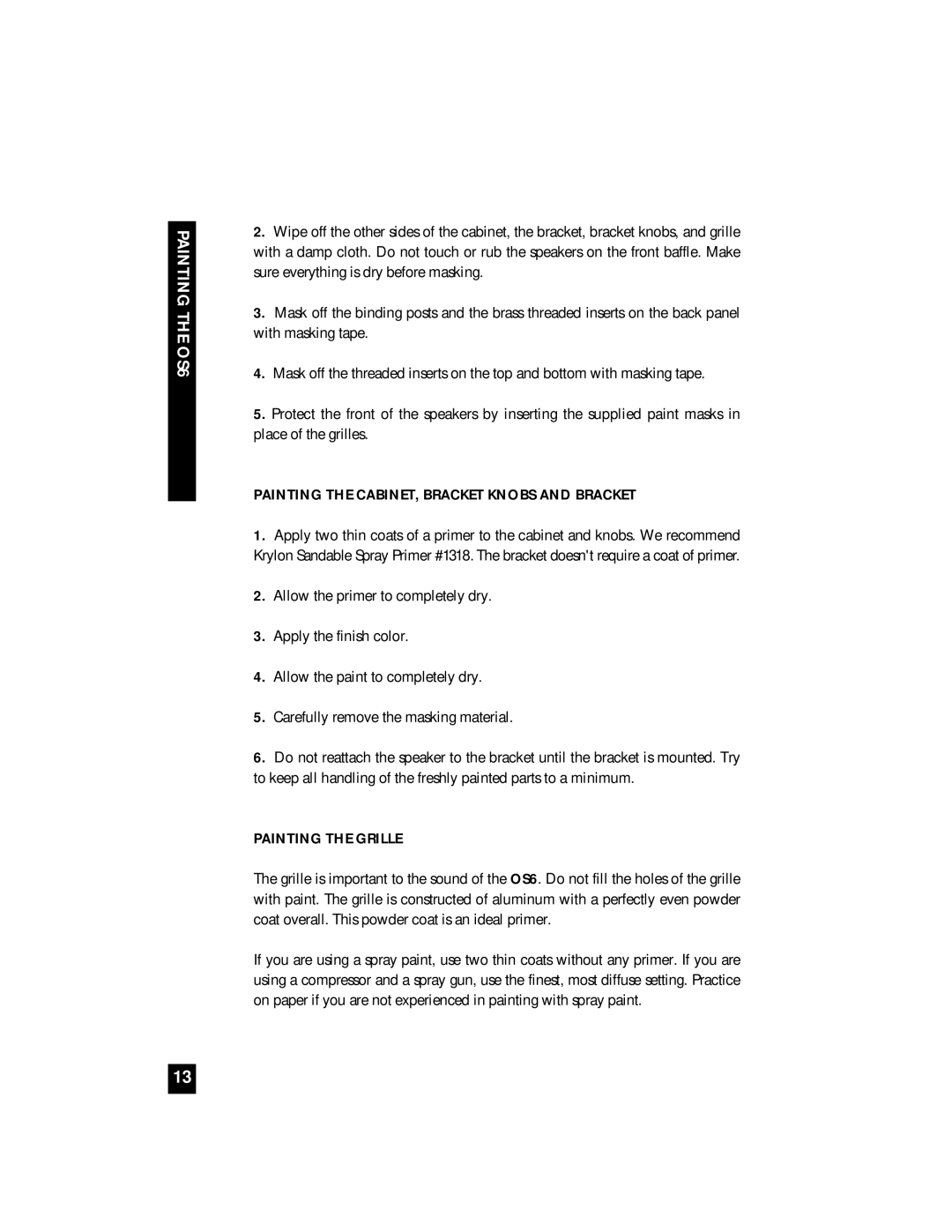 Niles Audio OS6 manual Painting the CABINET, Bracket Knobs and Bracket, Painting the Grille 
