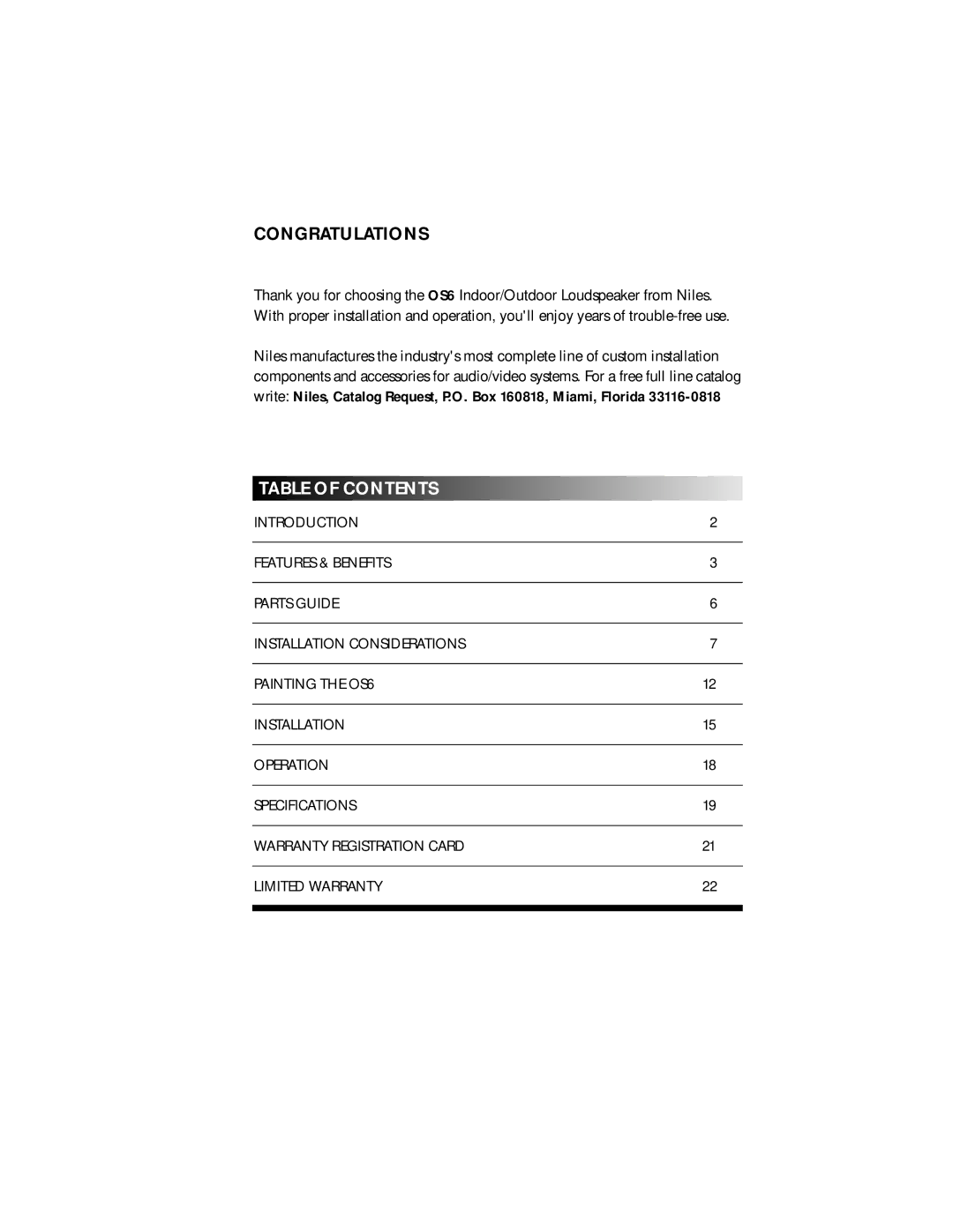 Niles Audio OS6 manual Congratulations, Table of Contents 