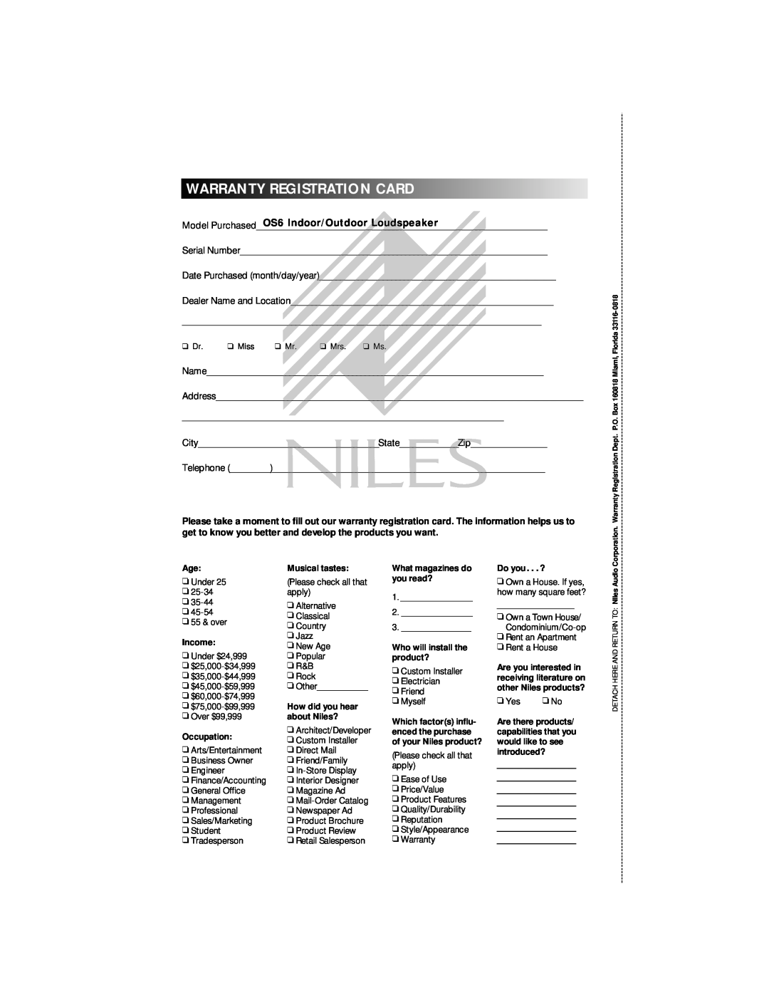 Niles Audio manual Warrantyregistrationcard, OS6 Indoor/Outdoor Loudspeaker 