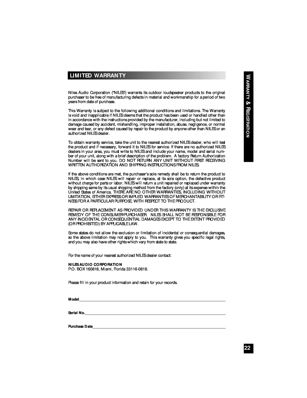 Niles Audio OS6 manual Limitedwarranty, Warranty & Registration 