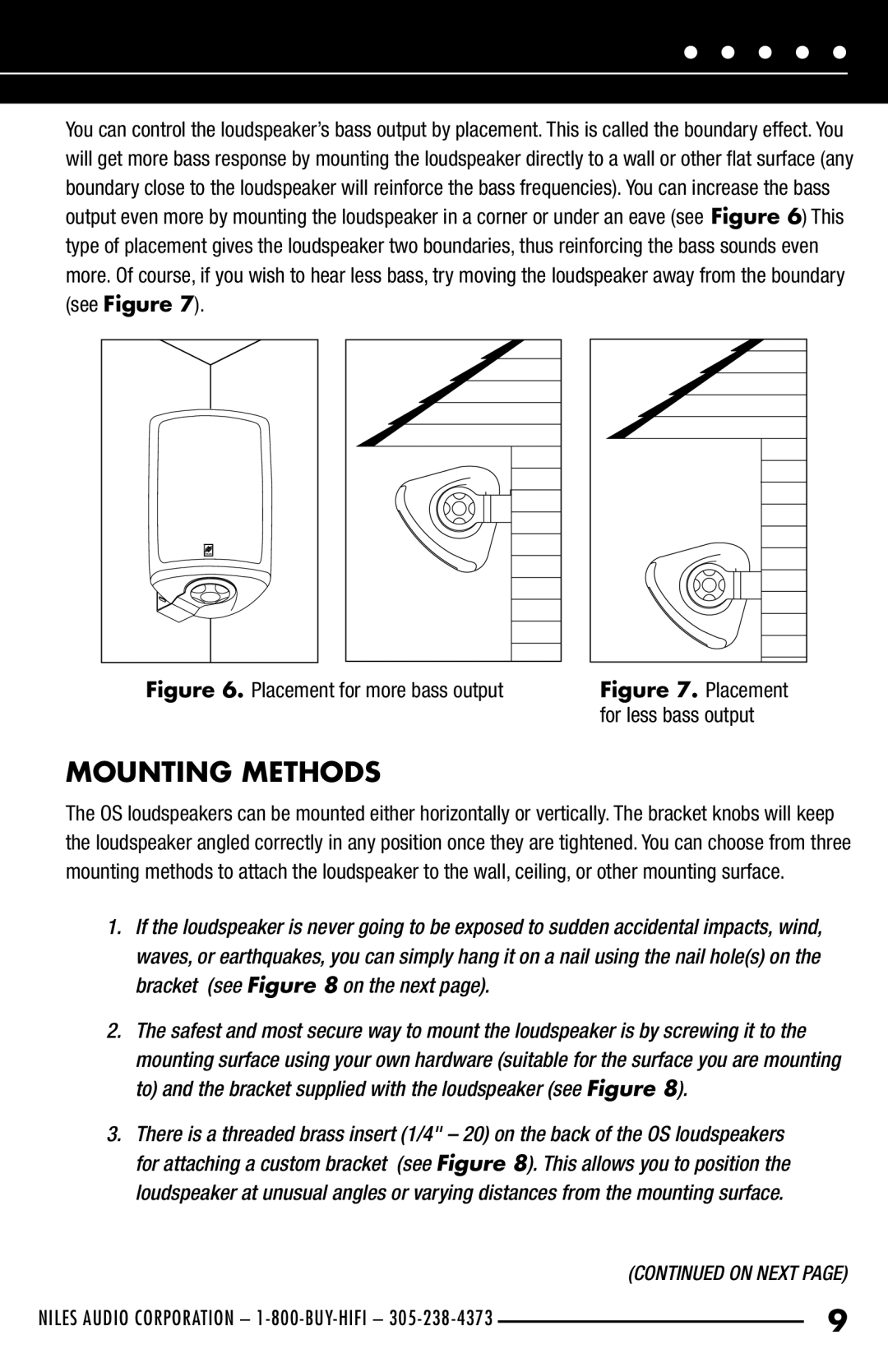 Niles Audio OS5.5, OS6.5 manual Mounting Methods, Placement for more bass output 