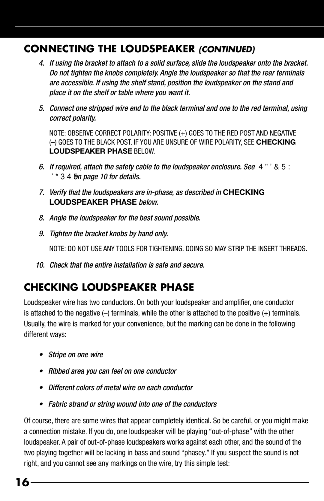 Niles Audio OS6.5, OS5.5 manual Checking Loudspeaker Phase 