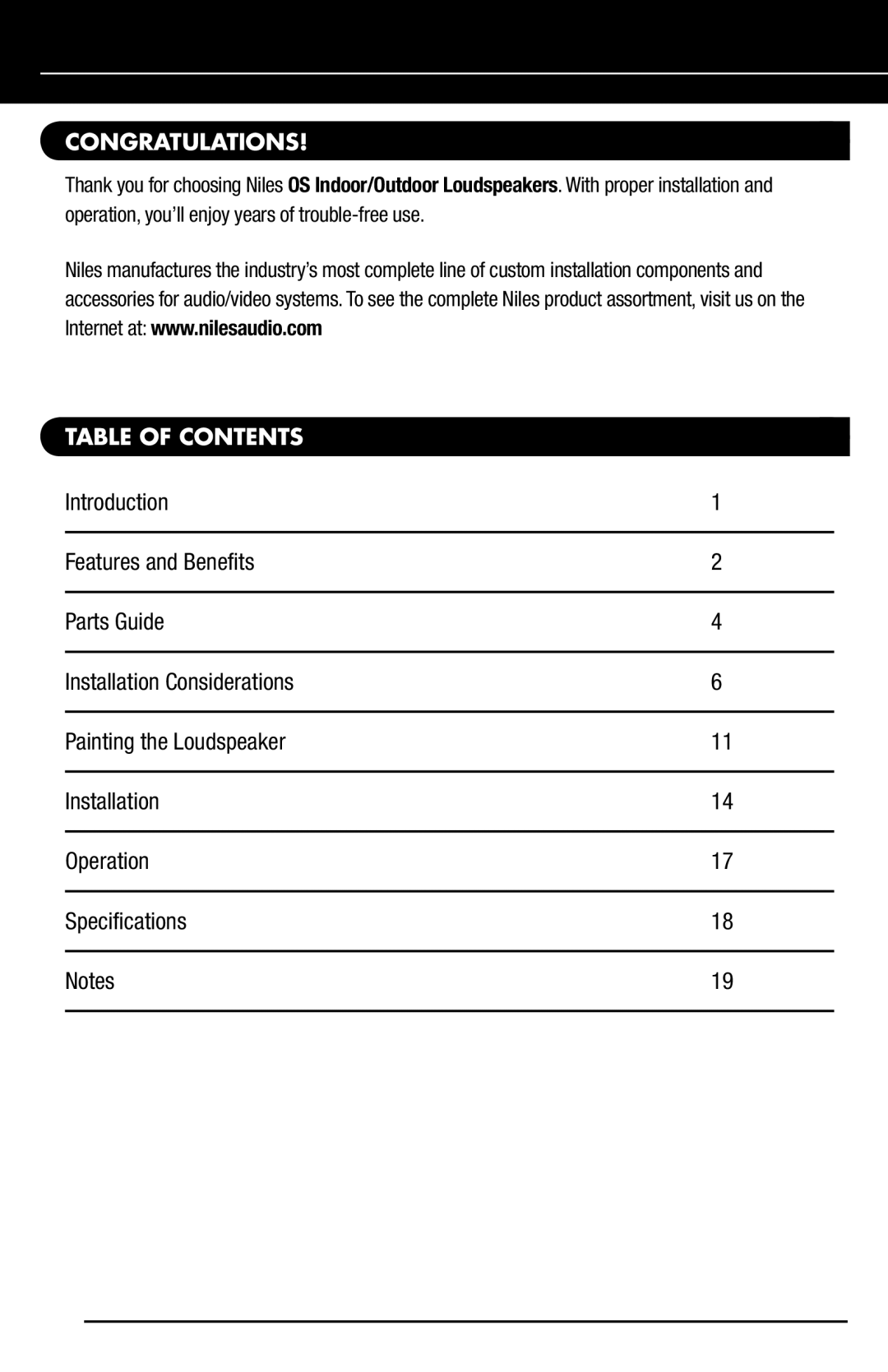 Niles Audio OS6.5, OS5.5 manual Congratulations, Table of Contents 