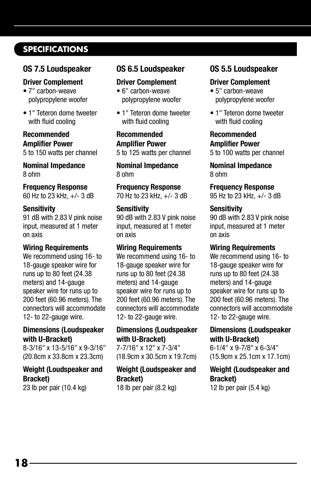 Niles Audio OS6.5, OS5.5 manual OS 7.5 Loudspeaker, Specifications 