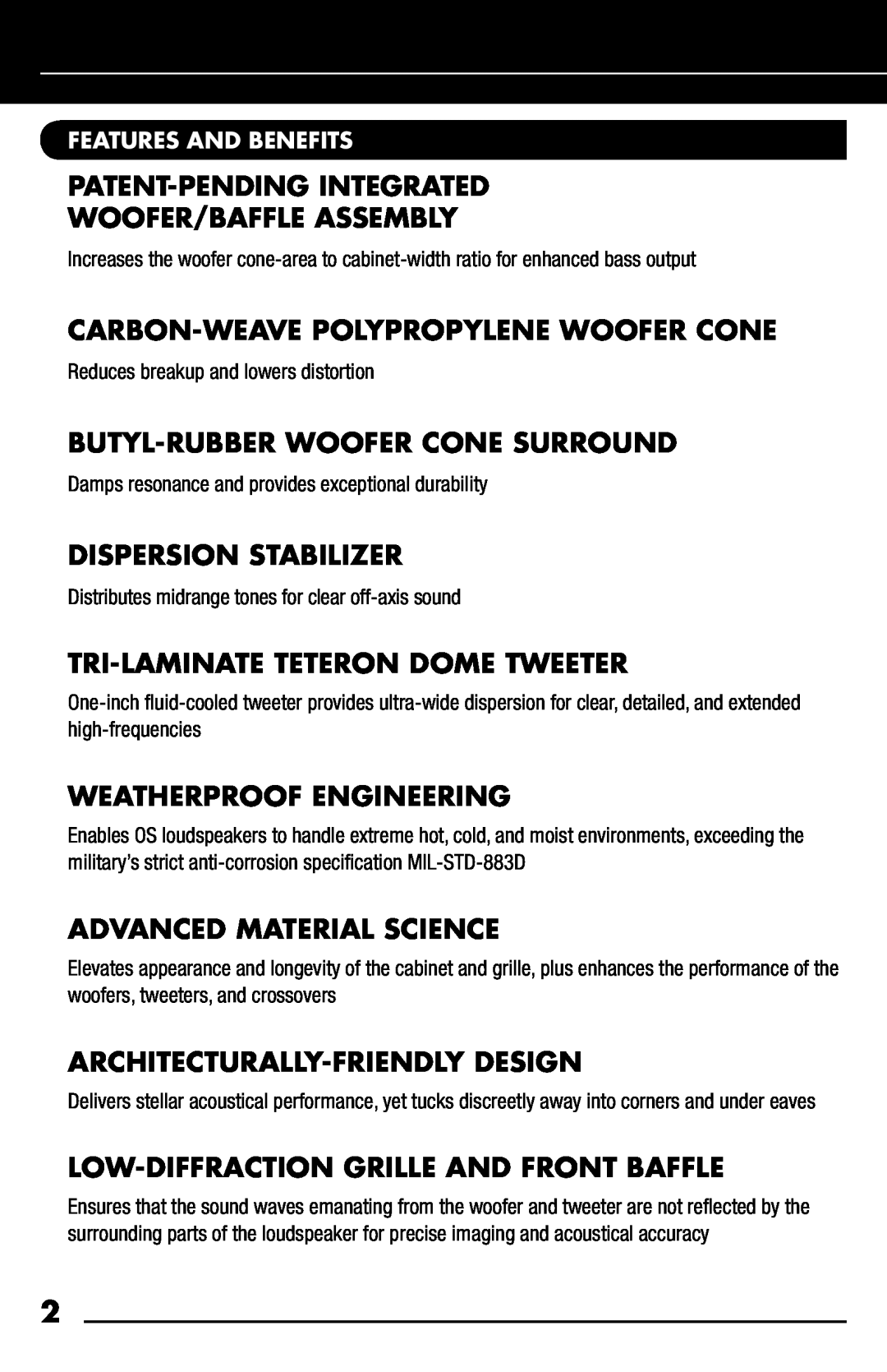 Niles Audio OS6.5, OS5.5 manual Patent-Pendingintegrated Woofer/Baffle Assembly, Carbon-Weavepolypropylene Woofer Cone 