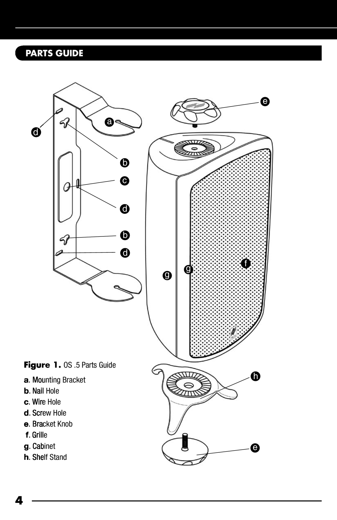 Niles Audio OS6.5 b c d b d, Parts Guide, a. Mounting Bracket, b. Nail Hole, c. Wire Hole, d. Screw Hole, e. Bracket Knob 