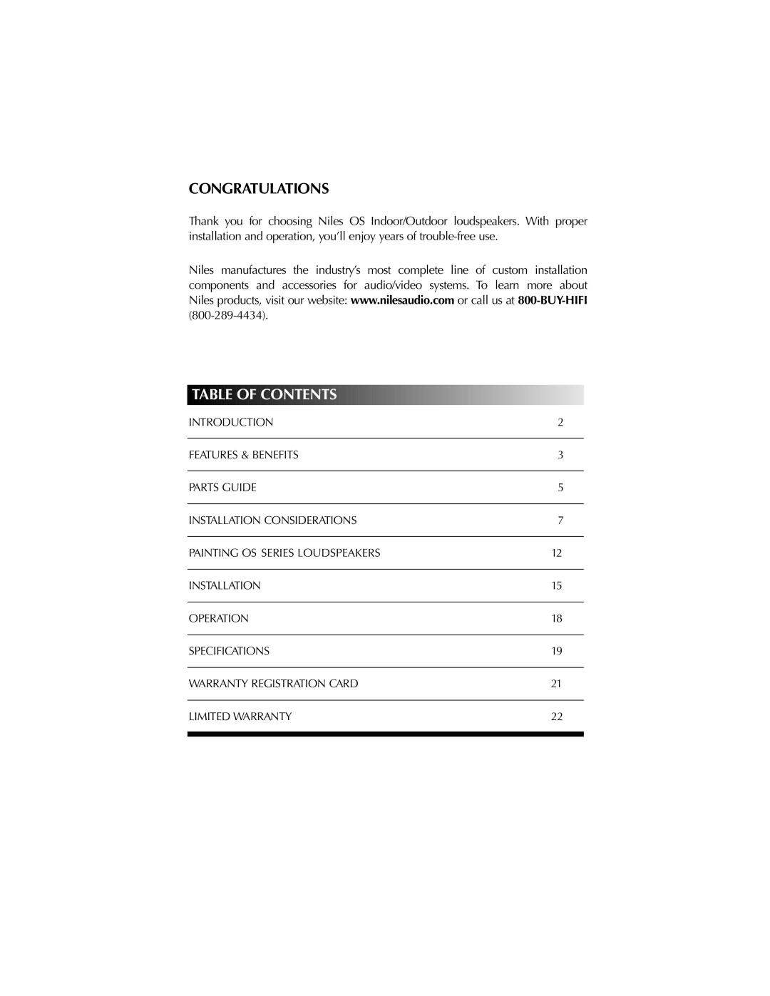 Niles Audio OS6.5 manual Congratulations, Table of Contents 