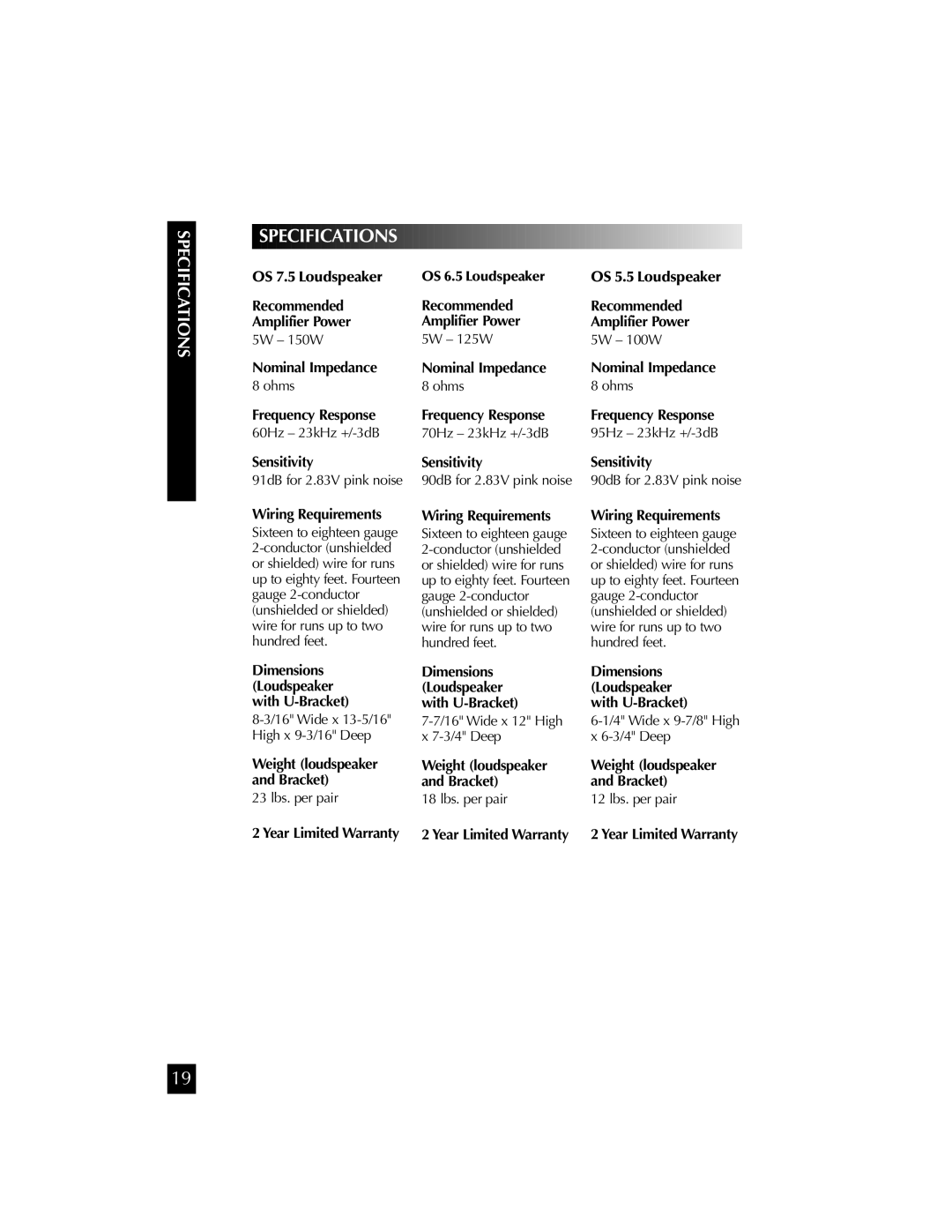 Niles Audio OS7.5 manual Specifications 