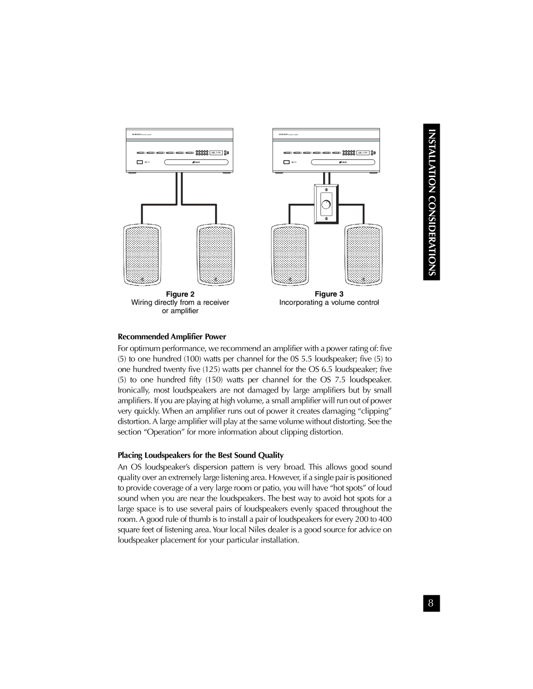 Niles Audio OS7.5 manual Recommended Amplifier Power, Placing Loudspeakers for the Best Sound Quality 