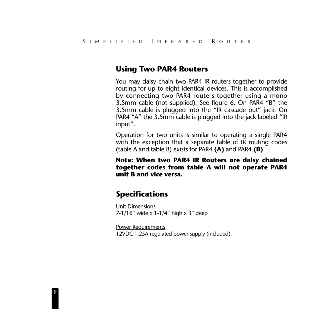 Niles Audio manual Using Two PAR4 Routers, Specifications 