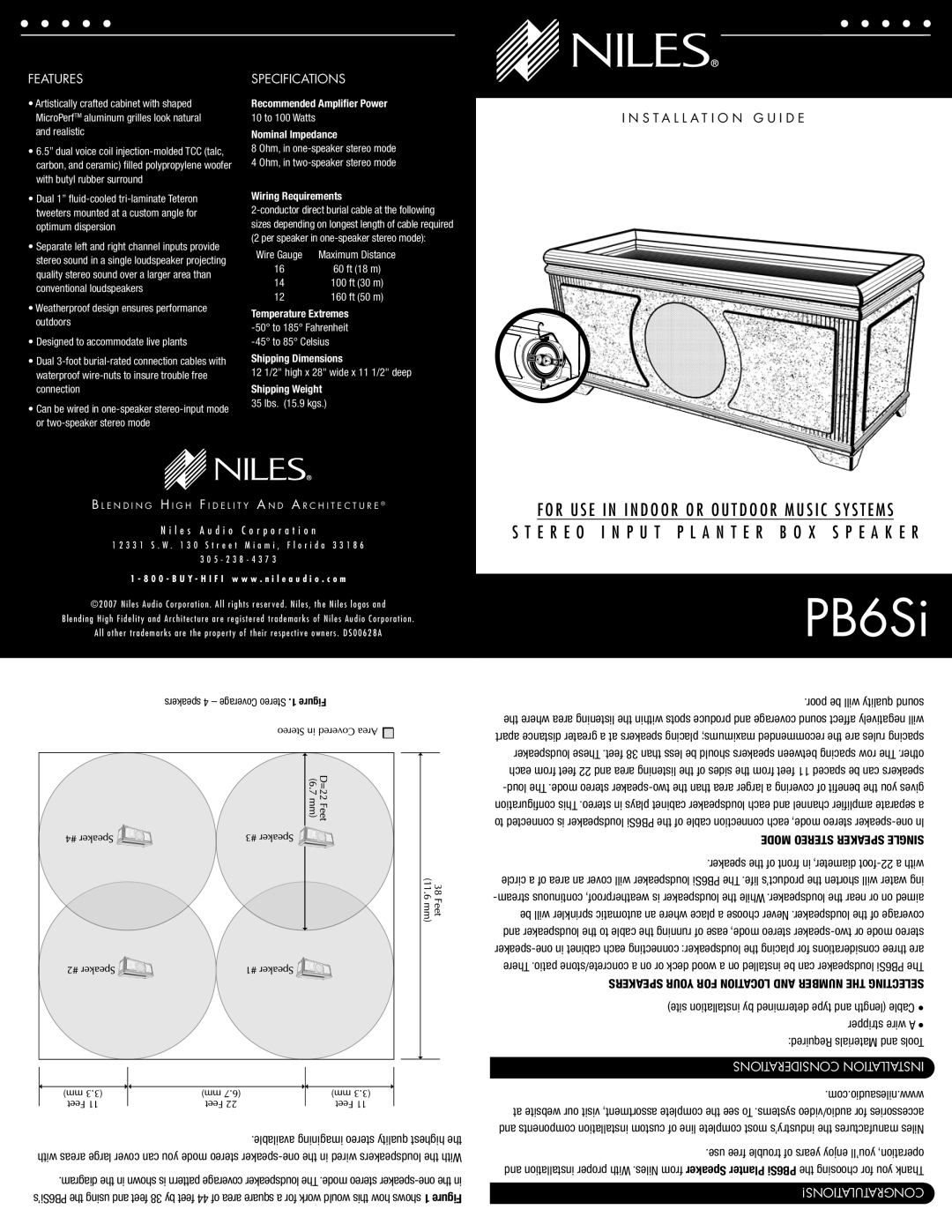 Niles Audio PB6Si specifications Features, Specifications, Installation G U I D E, Considerations Installation 