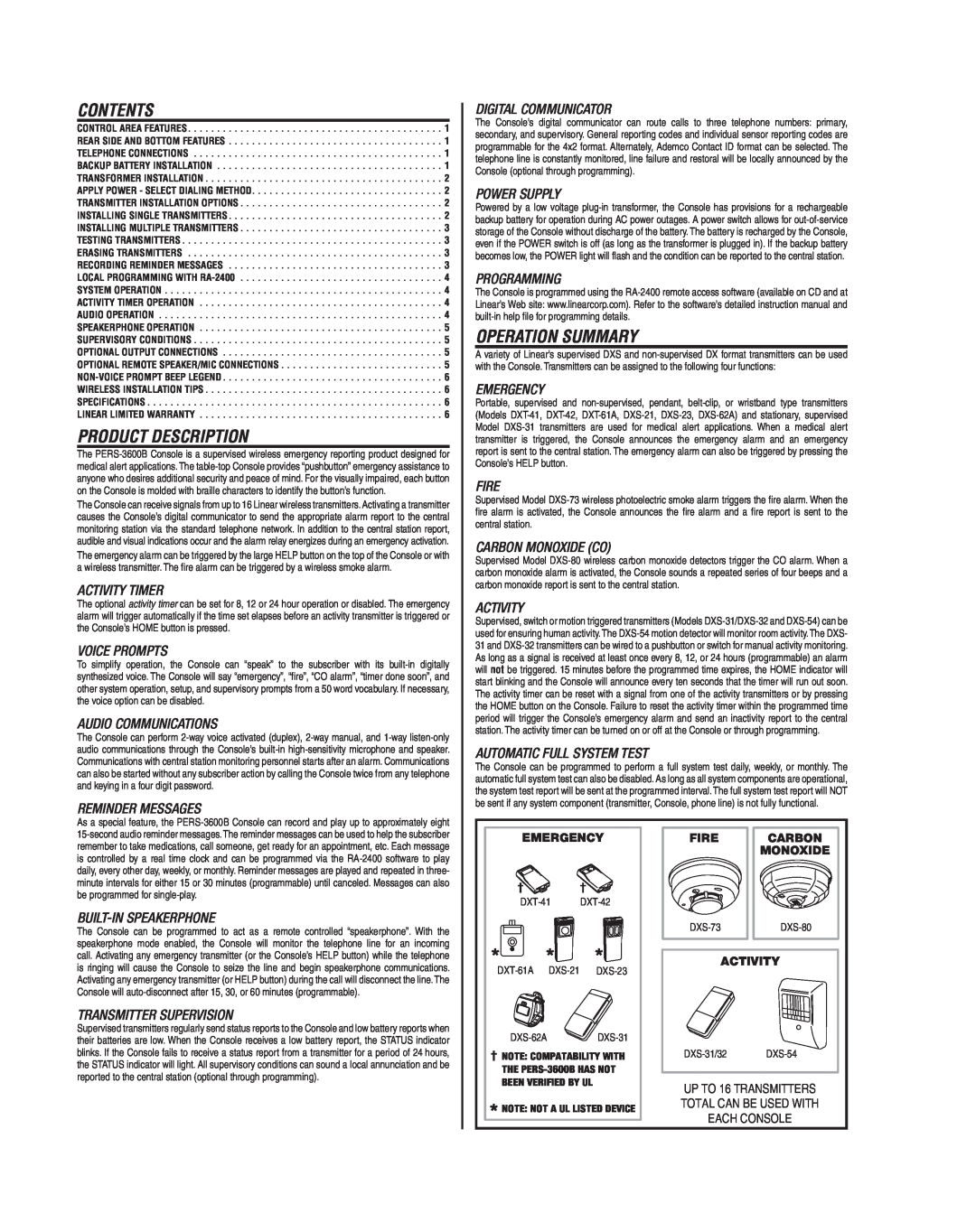 Niles Audio PERS-3600B manual Contents, Product Description, Operation Summary 