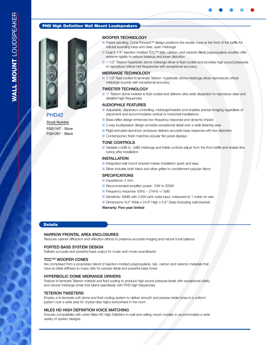 Niles Audio PHD42 manual PHD High Definition Wall Mount Loudspeakers, Details 