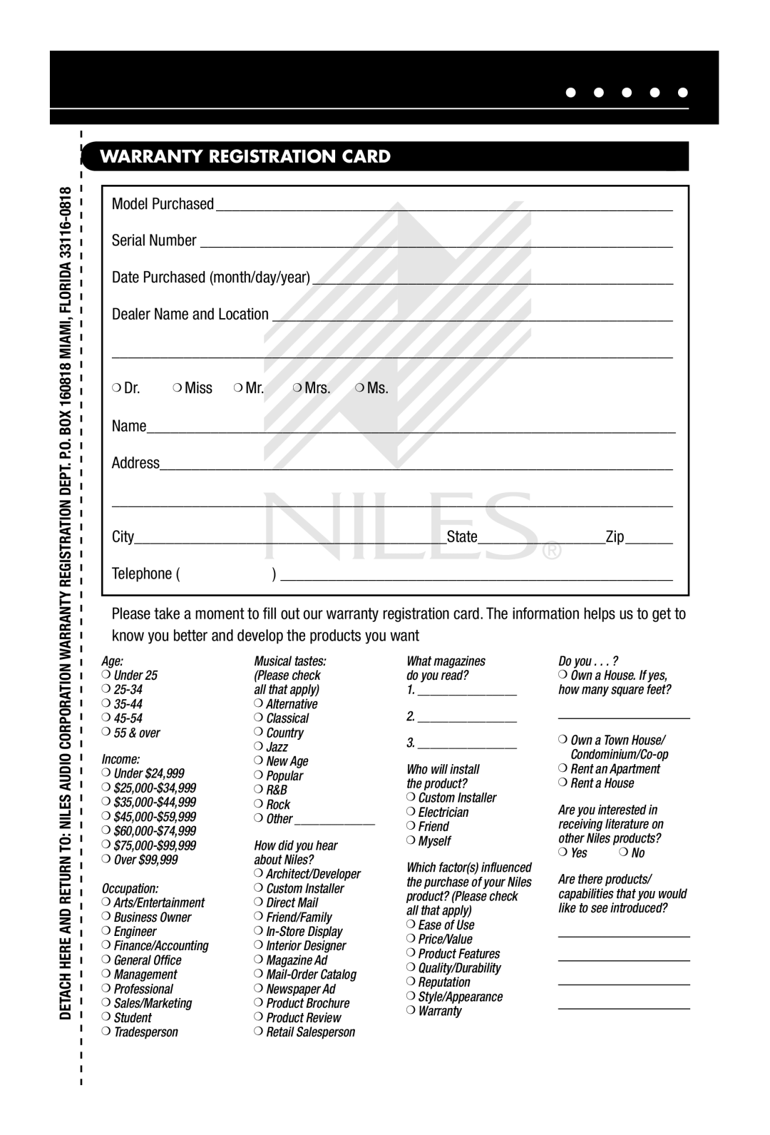 Niles Audio PHD30, PHD60, PHD42 manual Warranty Registration Card, Yes 