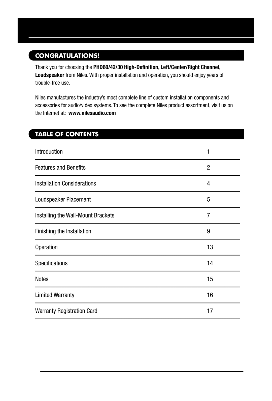 Niles Audio PHD42, PHD60, PHD30 manual Congratulations, Table of Contents 