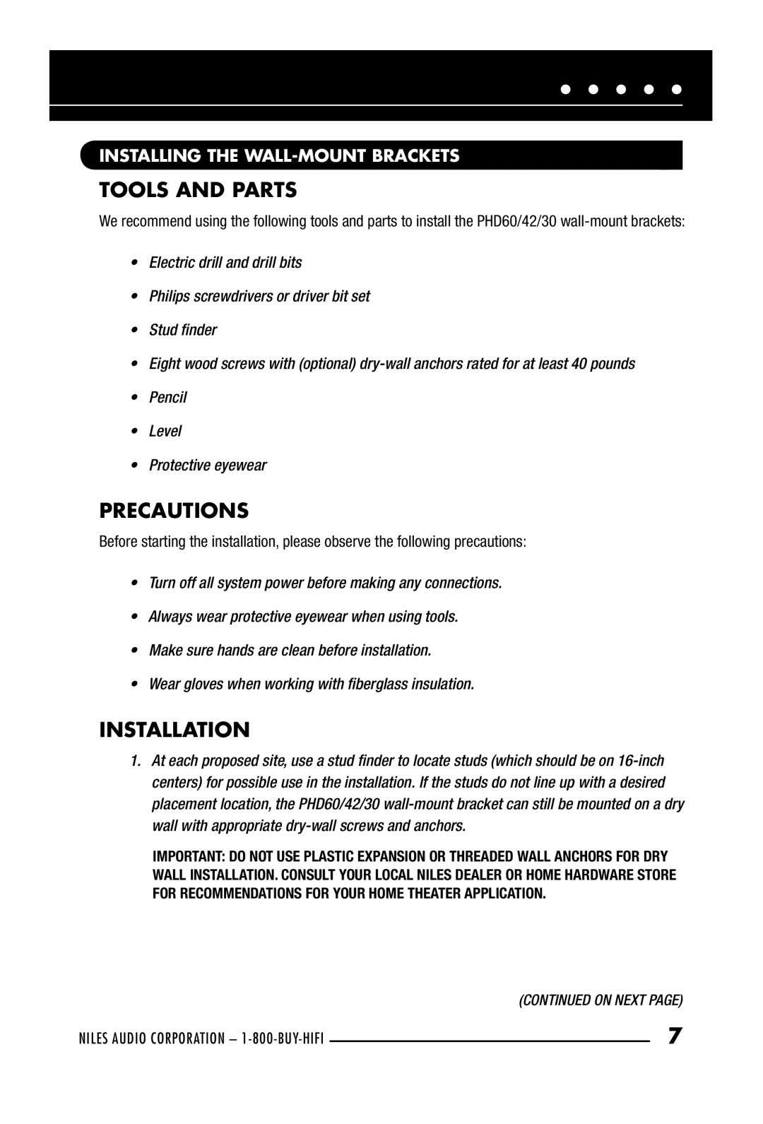 Niles Audio PHD60, PHD30, PHD42 manual Tools and Parts, Precautions, Installation, Installing the WALL-MOUNT Brackets 