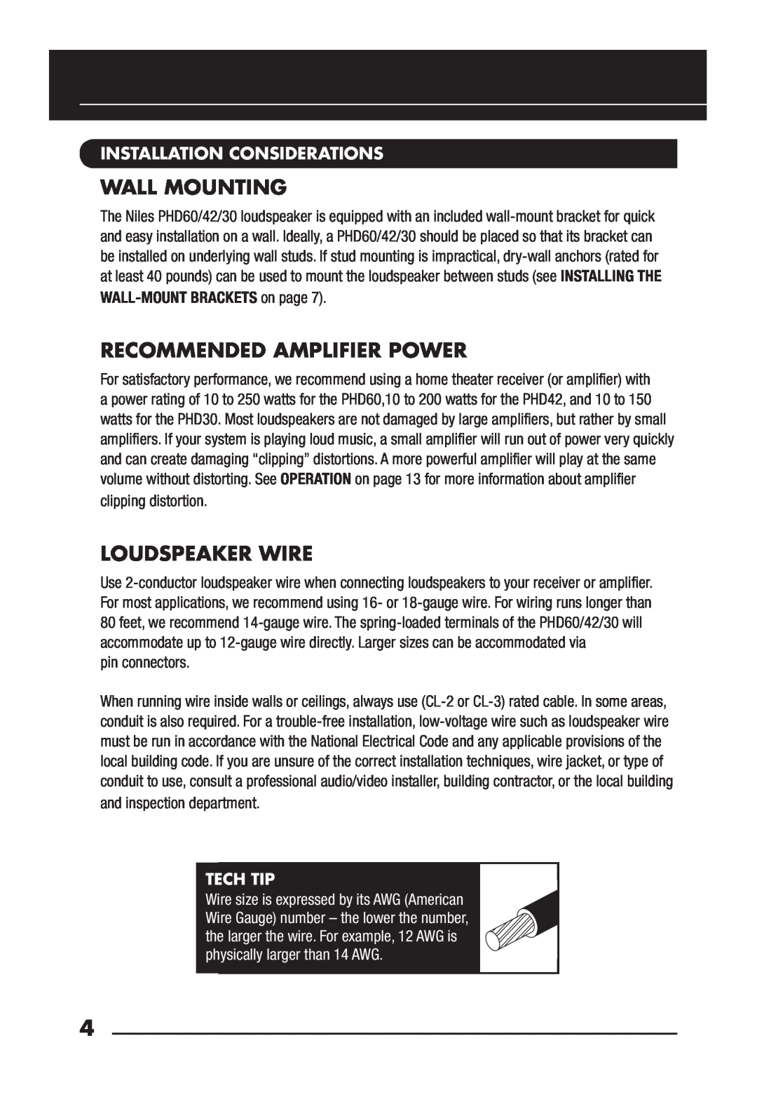 Niles Audio PHD60 Wall Mounting, Recommended Amplifier Power, Loudspeaker Wire, Installation Considerations, Tech Tip 