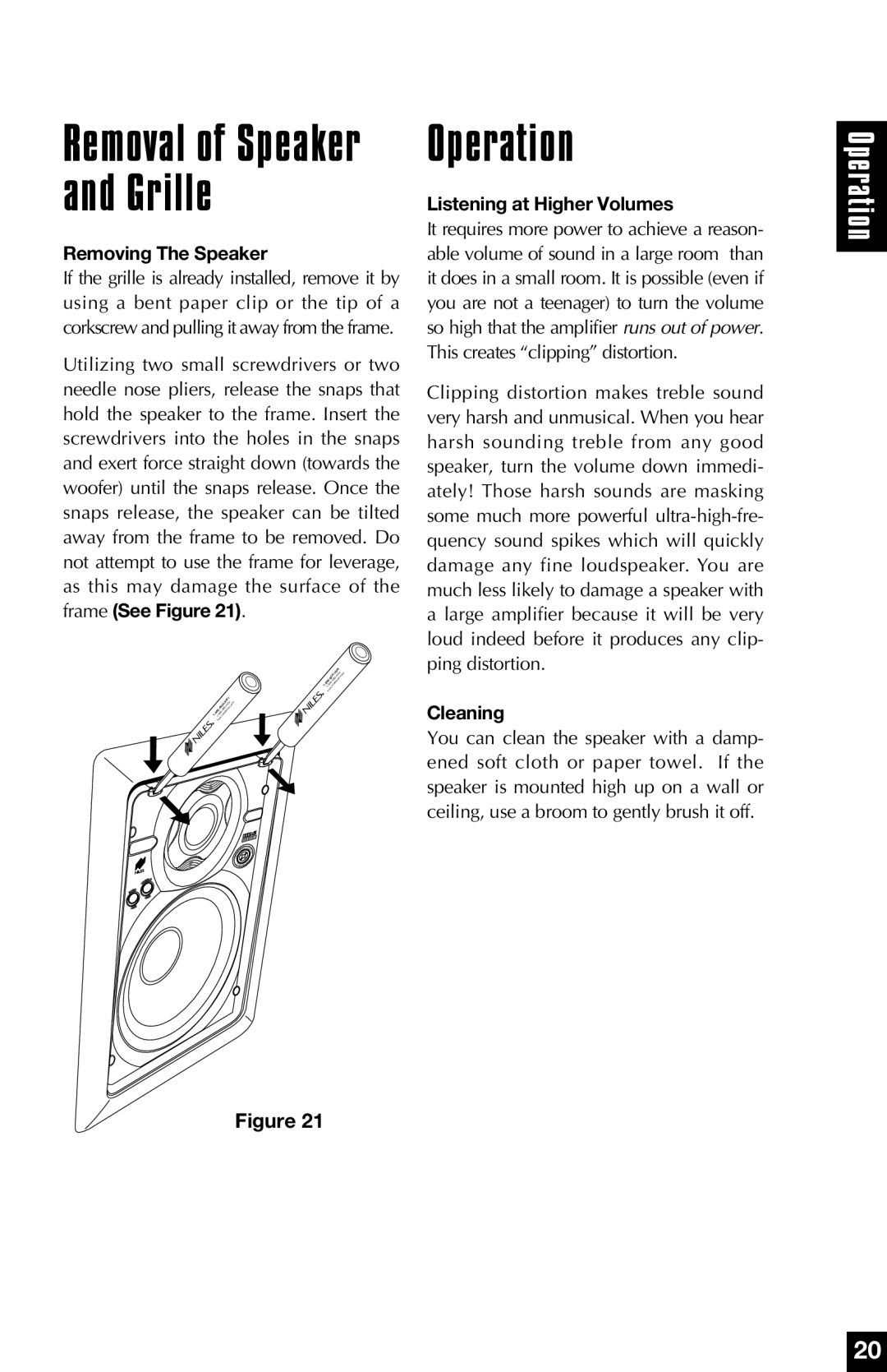 Niles Audio PR5, PR6 manual Operation, Removing The Speaker, Listening at Higher Volumes, Cleaning 