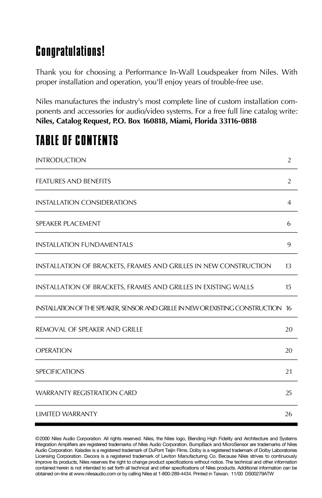 Niles Audio PR6, PR5 manual Table of Contents 