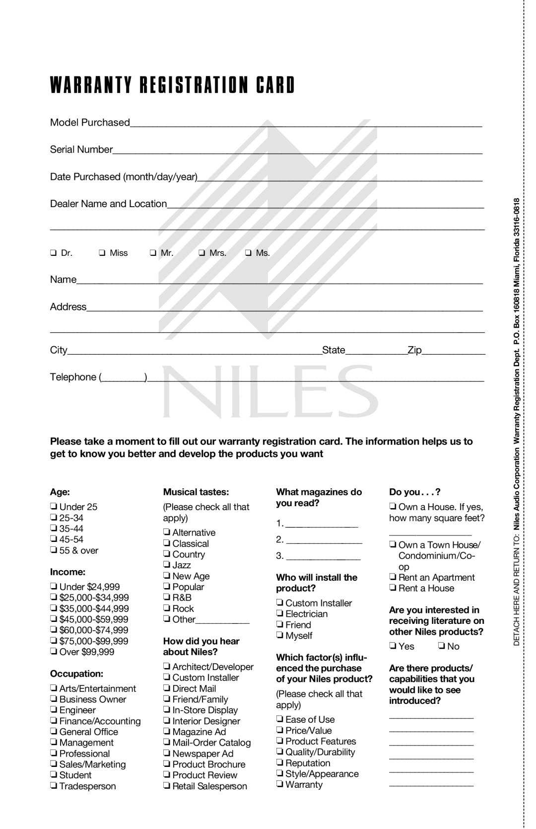 Niles Audio PR6, PR5 manual Warranty Registration Card 