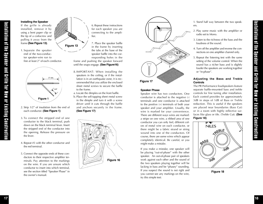 Niles Audio PR6 manual Installing the Speaker, See Figure Speaker Phase, Adjusting the Bass and Treble Controls 