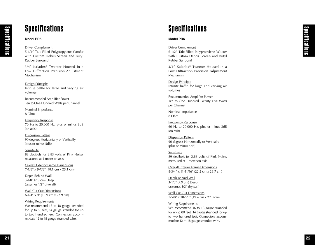 Niles Audio manual Specifications, Model PR5, Model PR6 