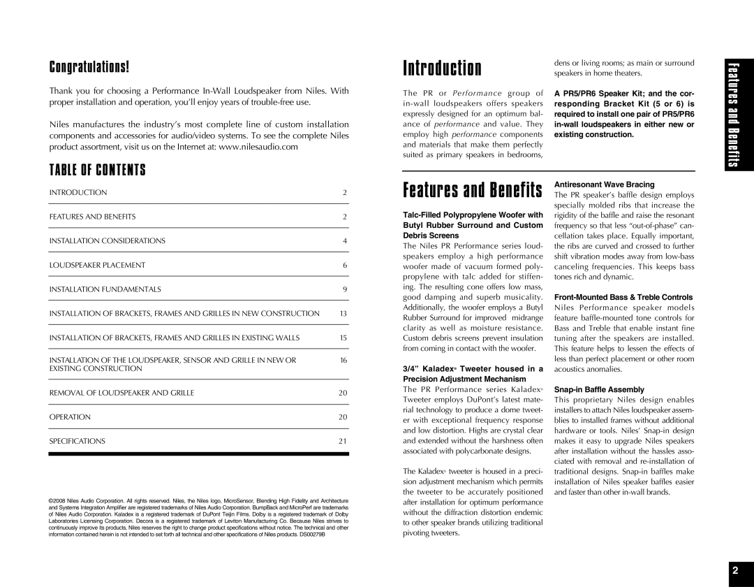 Niles Audio PR6 manual Introduction, Kaladex Tweeter housed in a Precision Adjustment Mechanism, Antiresonant Wave Bracing 