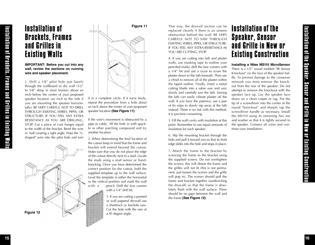 Niles Audio PR6 manual Installation Brackets, Frames Grilles Existing Walls, Installing a Niles MS110 MicroSensor 