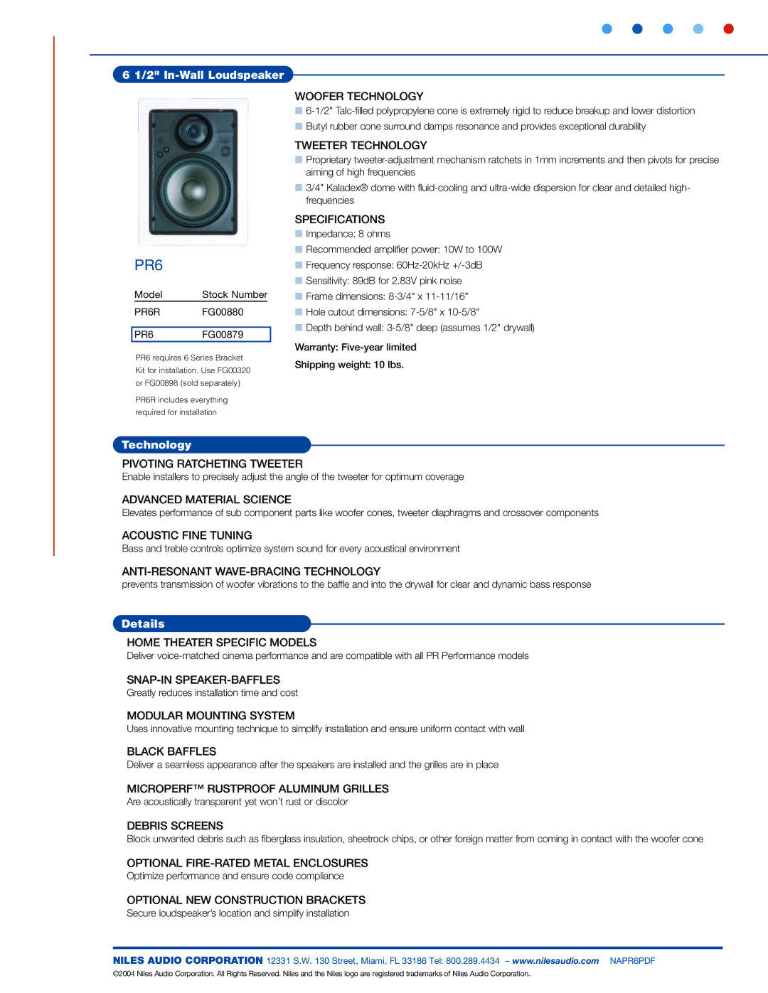 Niles Audio PR6 specifications In-Wall Loudspeaker, Technology, Details 