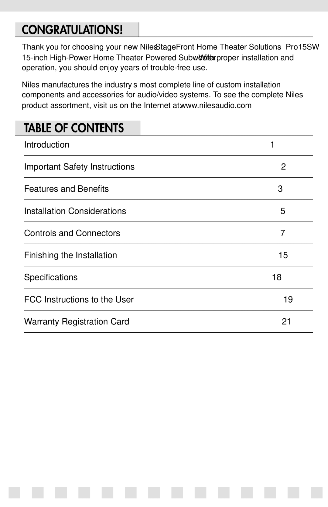 Niles Audio PRO15SW manual Congratulations, Table of Contents 