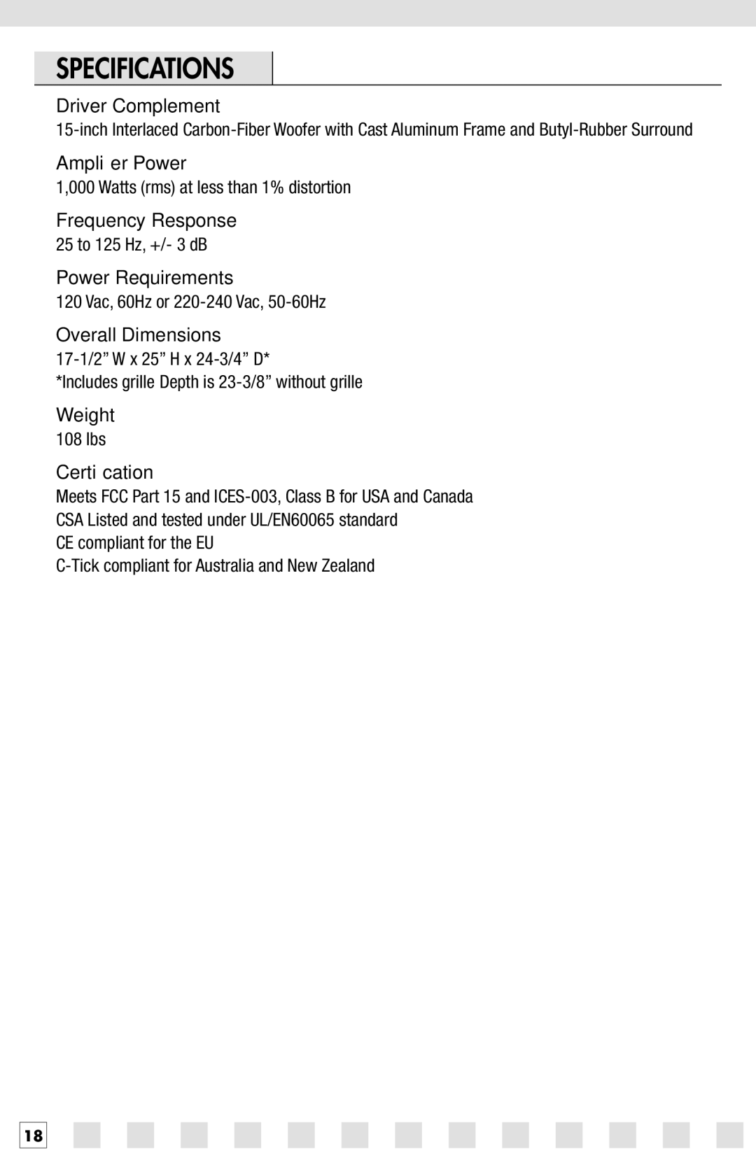 Niles Audio PRO15SW manual Specifications 