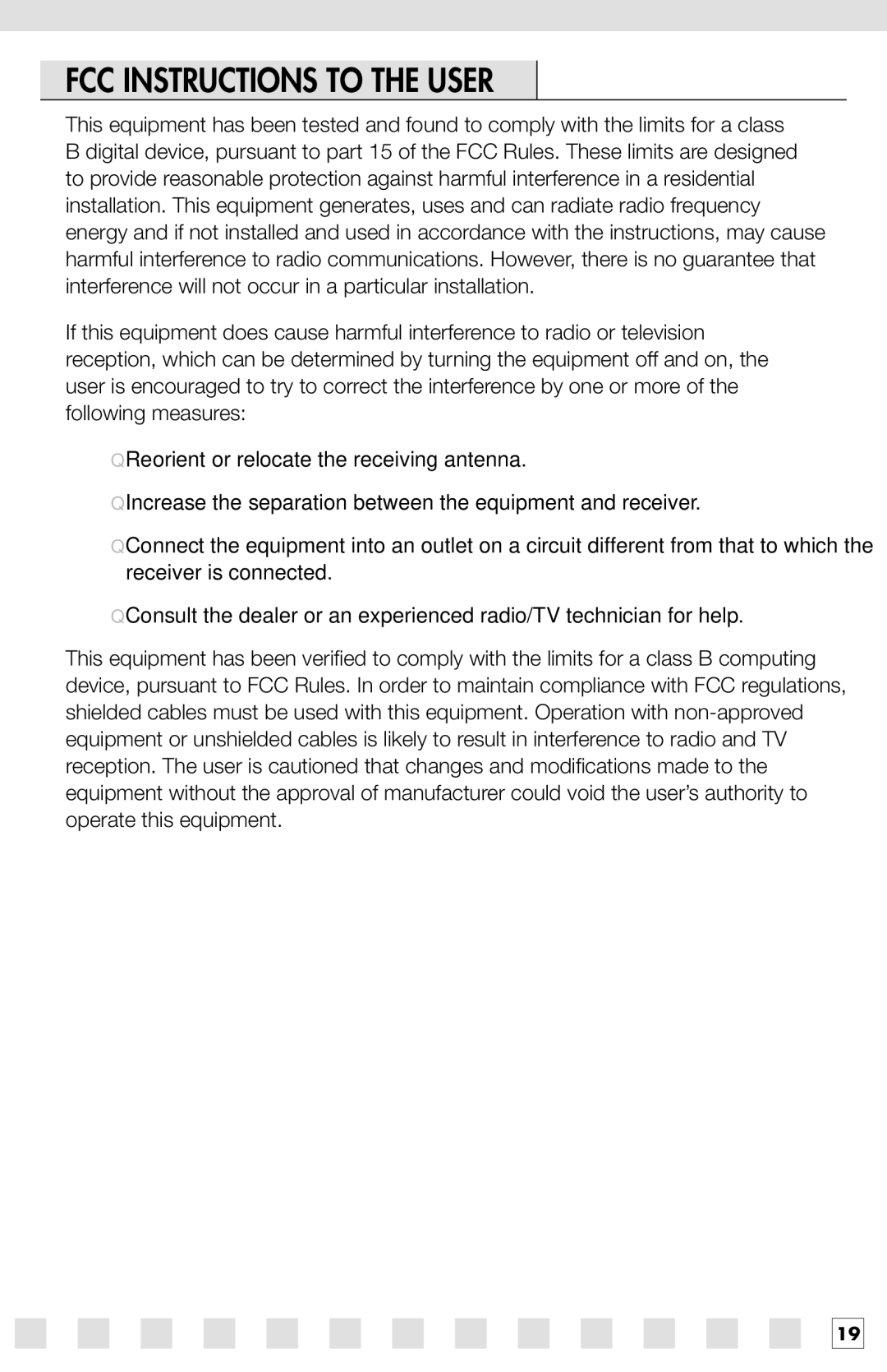 Niles Audio PRO15SW manual FCC Instructions to the User 