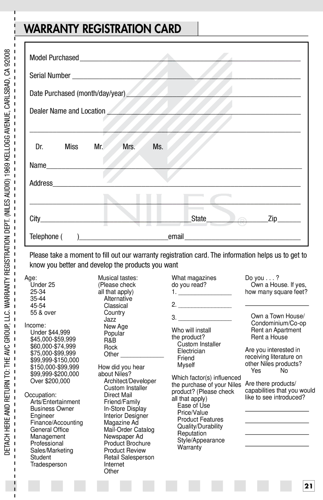 Niles Audio PRO15SW manual Warranty Registration Card, Yes 