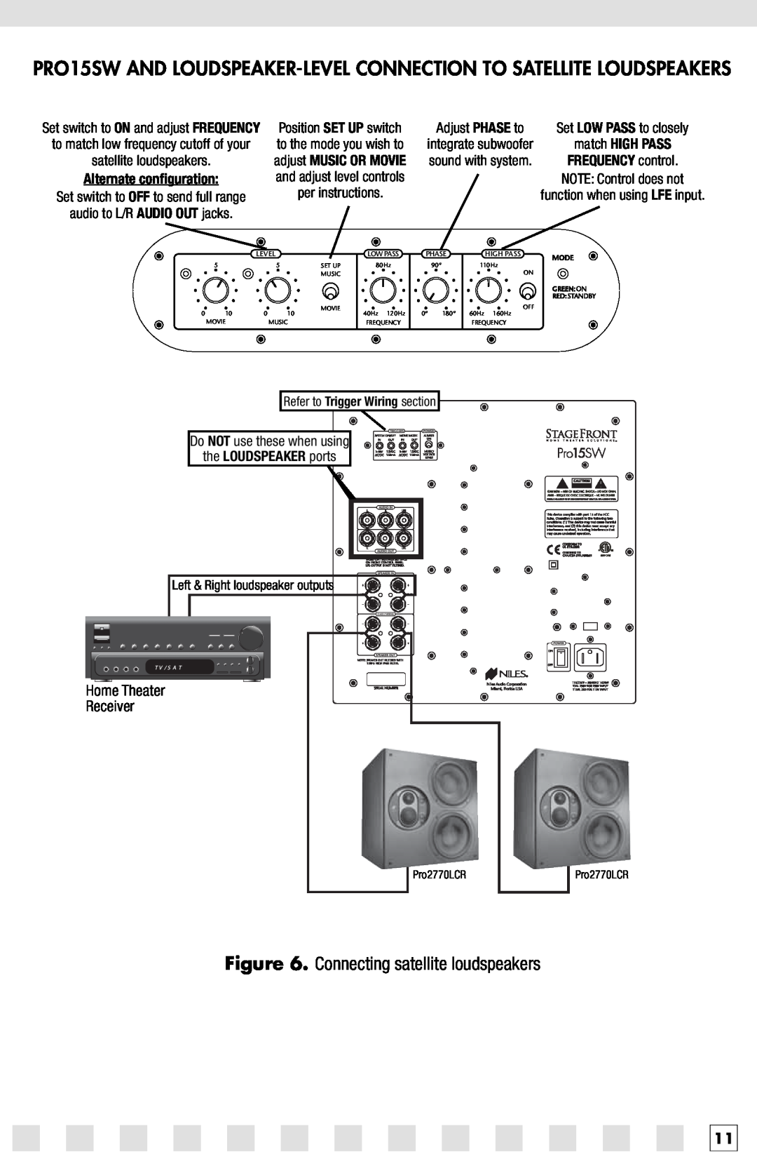 Niles Audio PRO15SW manual Connecting satellite loudspeakers, Home Theater Receiver, Alternate conﬁguration 