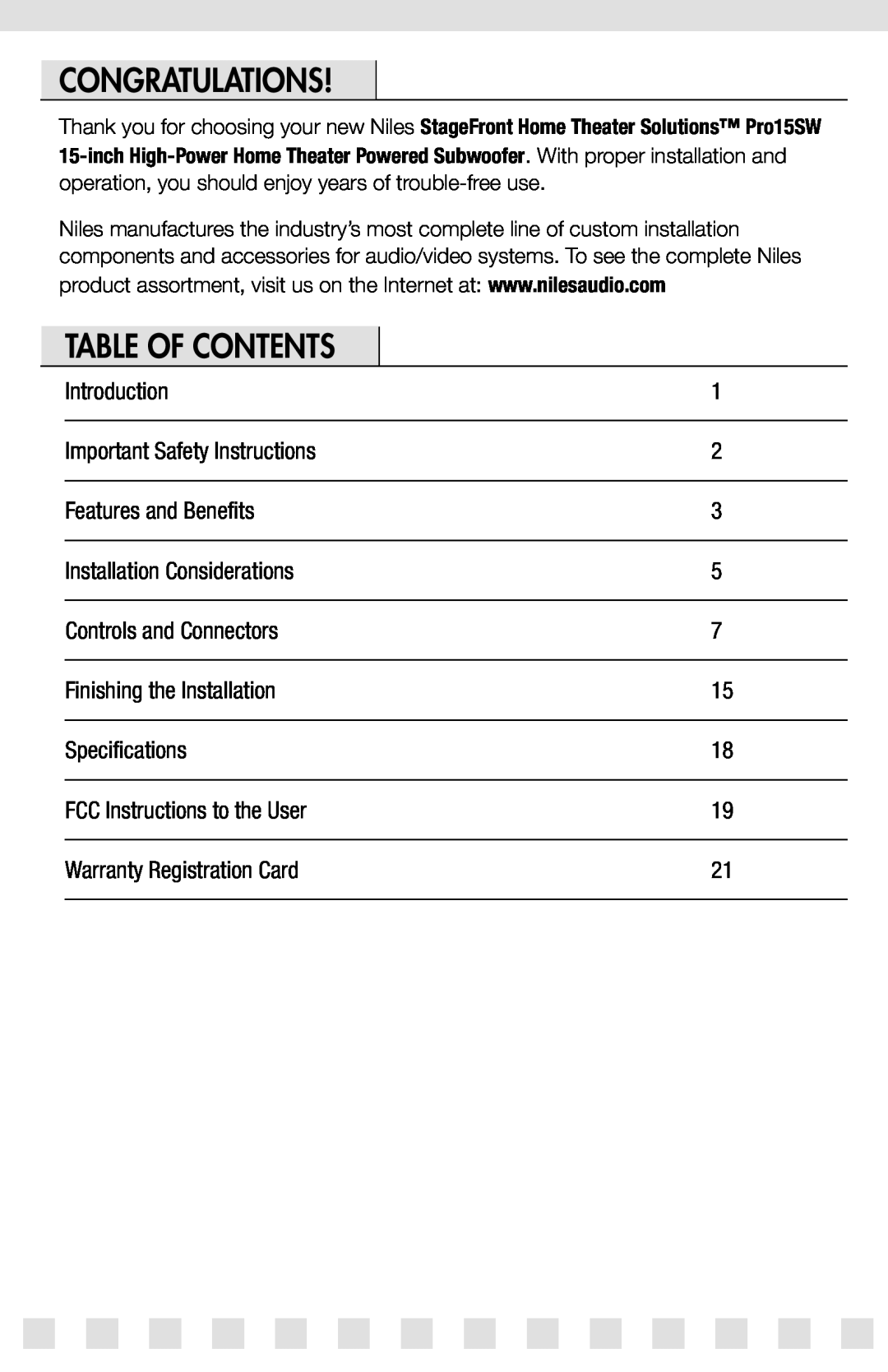 Niles Audio PRO15SW manual Congratulations, Table Of Contents 