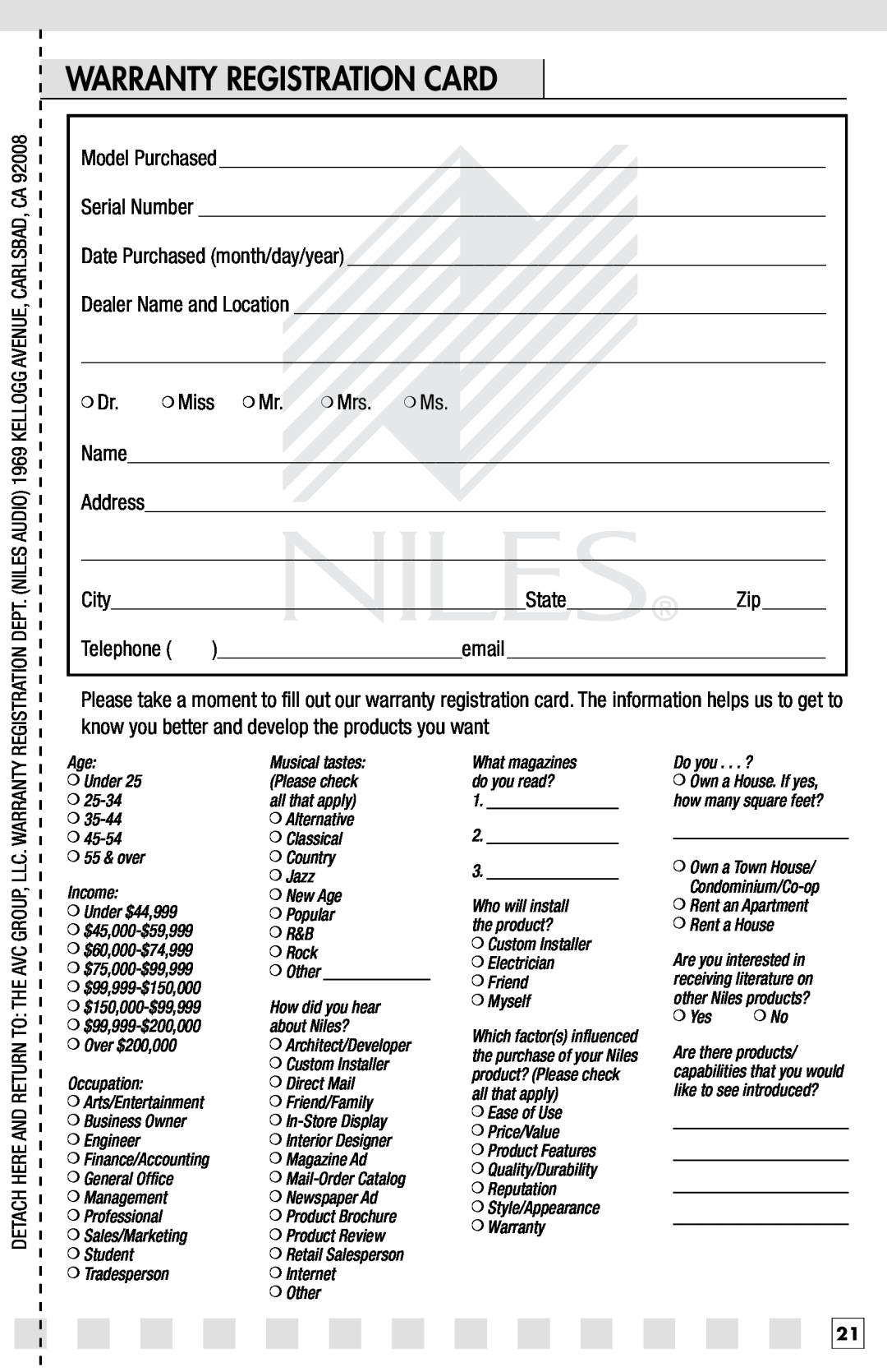 Niles Audio PRO15SW manual Warranty Registration Card 