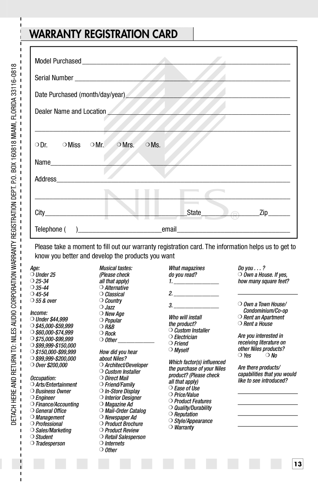 Niles Audio PRO2770LCR, PRO2870LCR, PRO1770LCR, PRO1870LCR manual Warranty Registration Card 