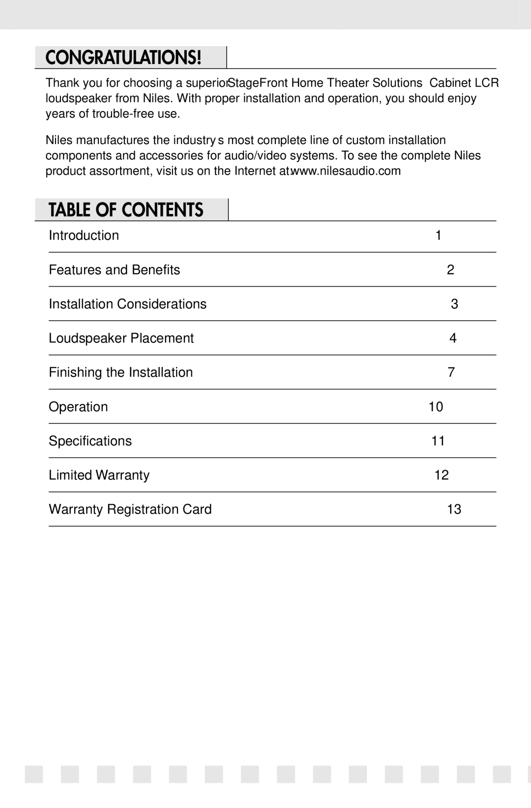 Niles Audio PRO1870LCR, PRO2870LCR, PRO1770LCR, PRO2770LCR manual Congratulations, Table of Contents 