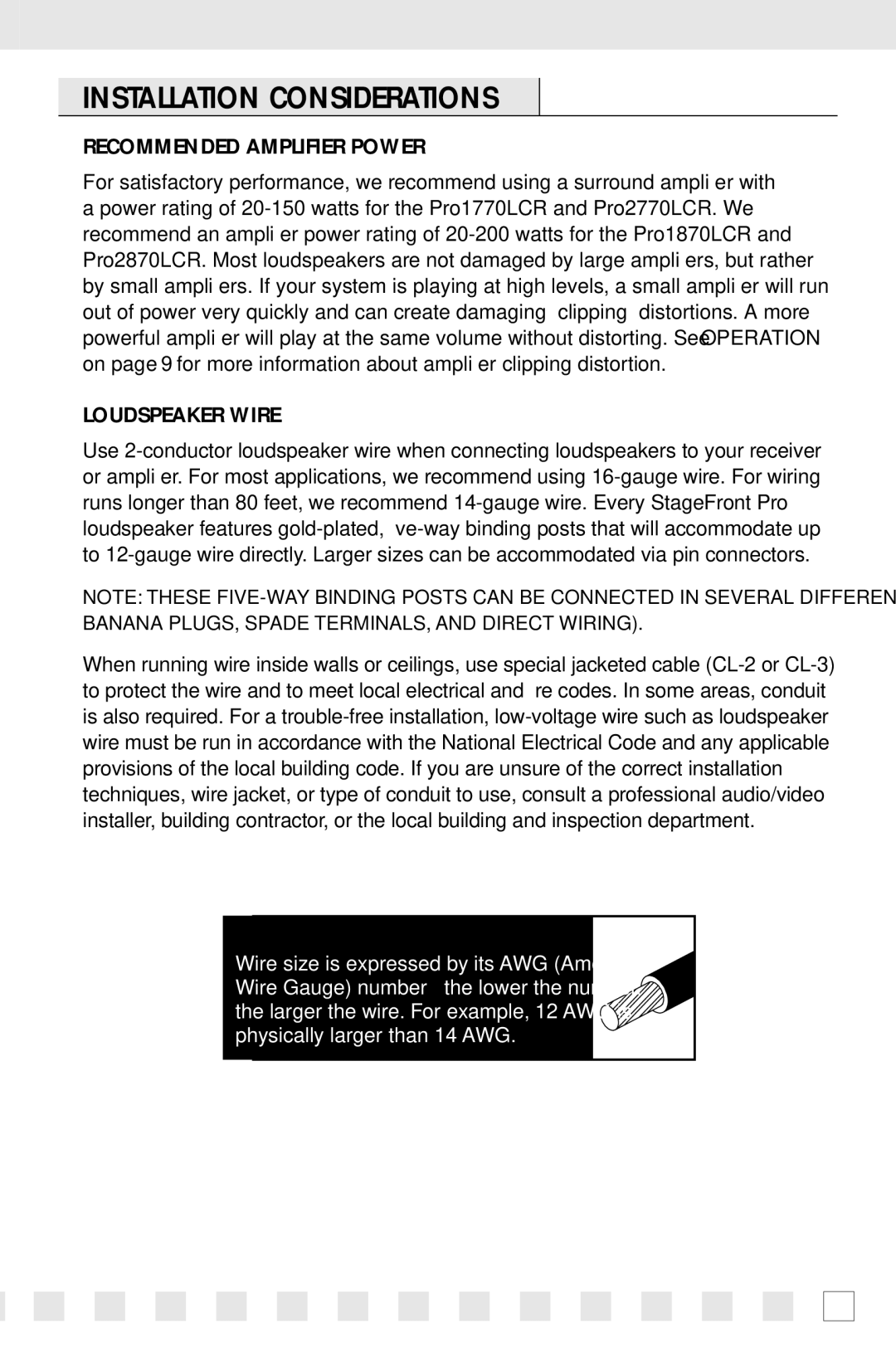 Niles Audio PRO1770LCR, PRO2870LCR, PRO1870LCR Installation Considerations, Recommended Amplifier Power, Loudspeaker Wire 