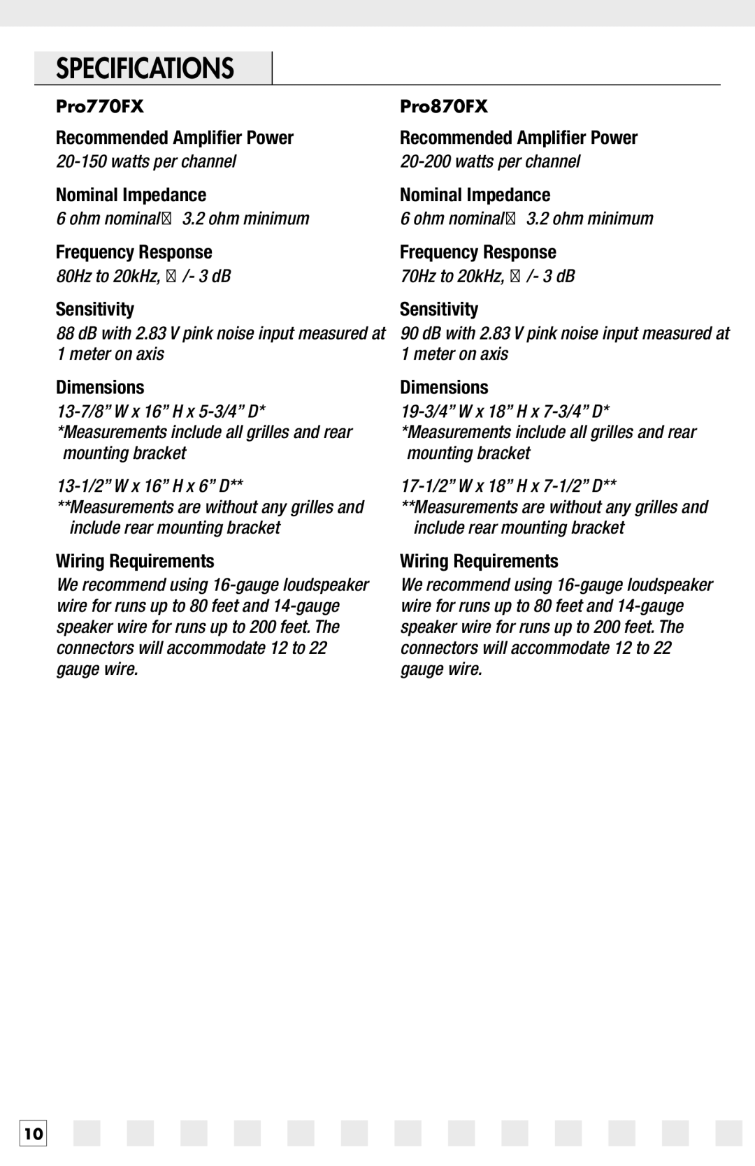 Niles Audio Pro770FX, Pro870FX manual Specifications, Include rear mounting bracket Wiring Requirements 