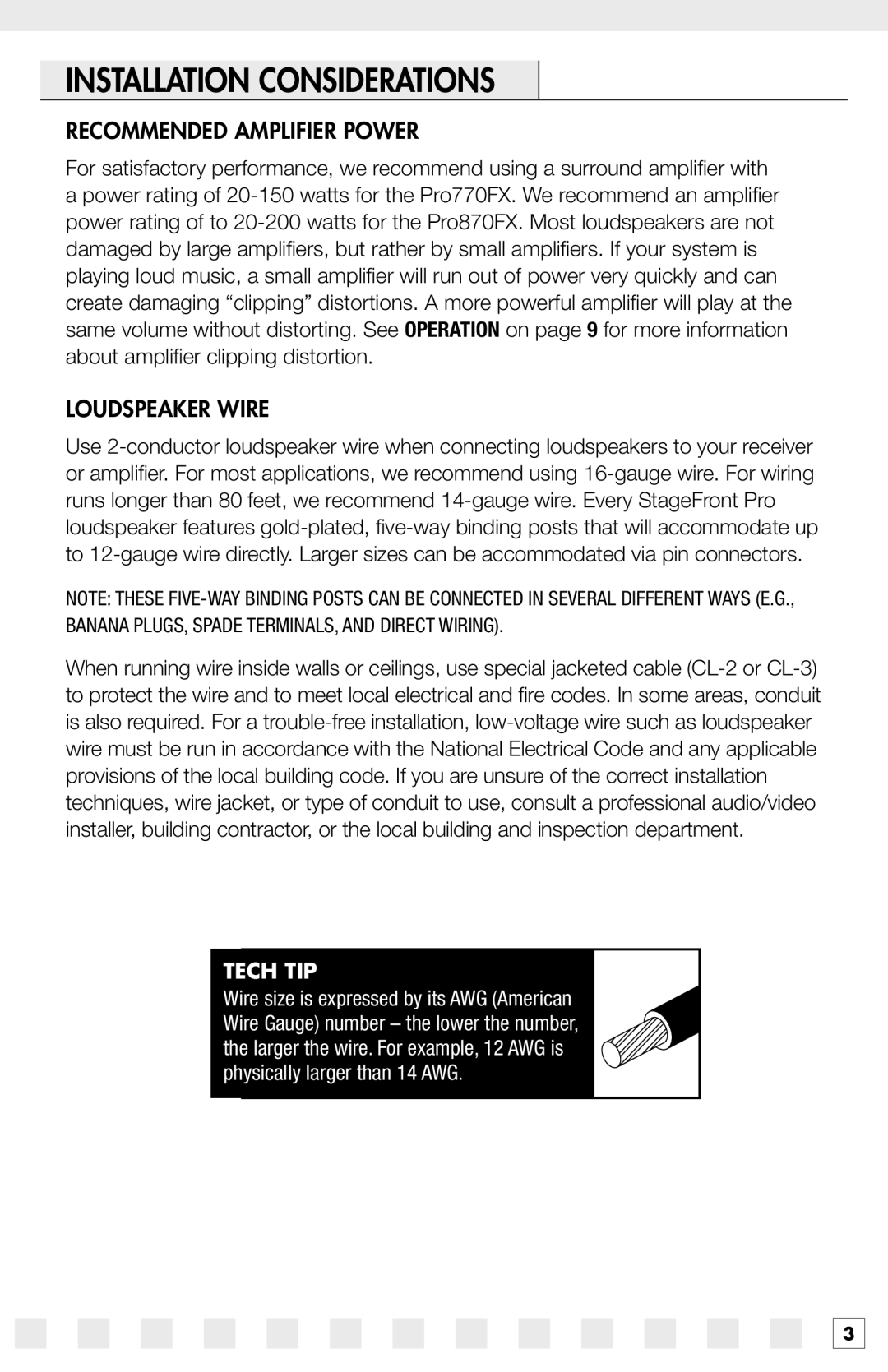 Niles Audio Pro870FX, Pro770FX manual Installation Considerations, Recommended Amplifier Power, Loudspeaker Wire 