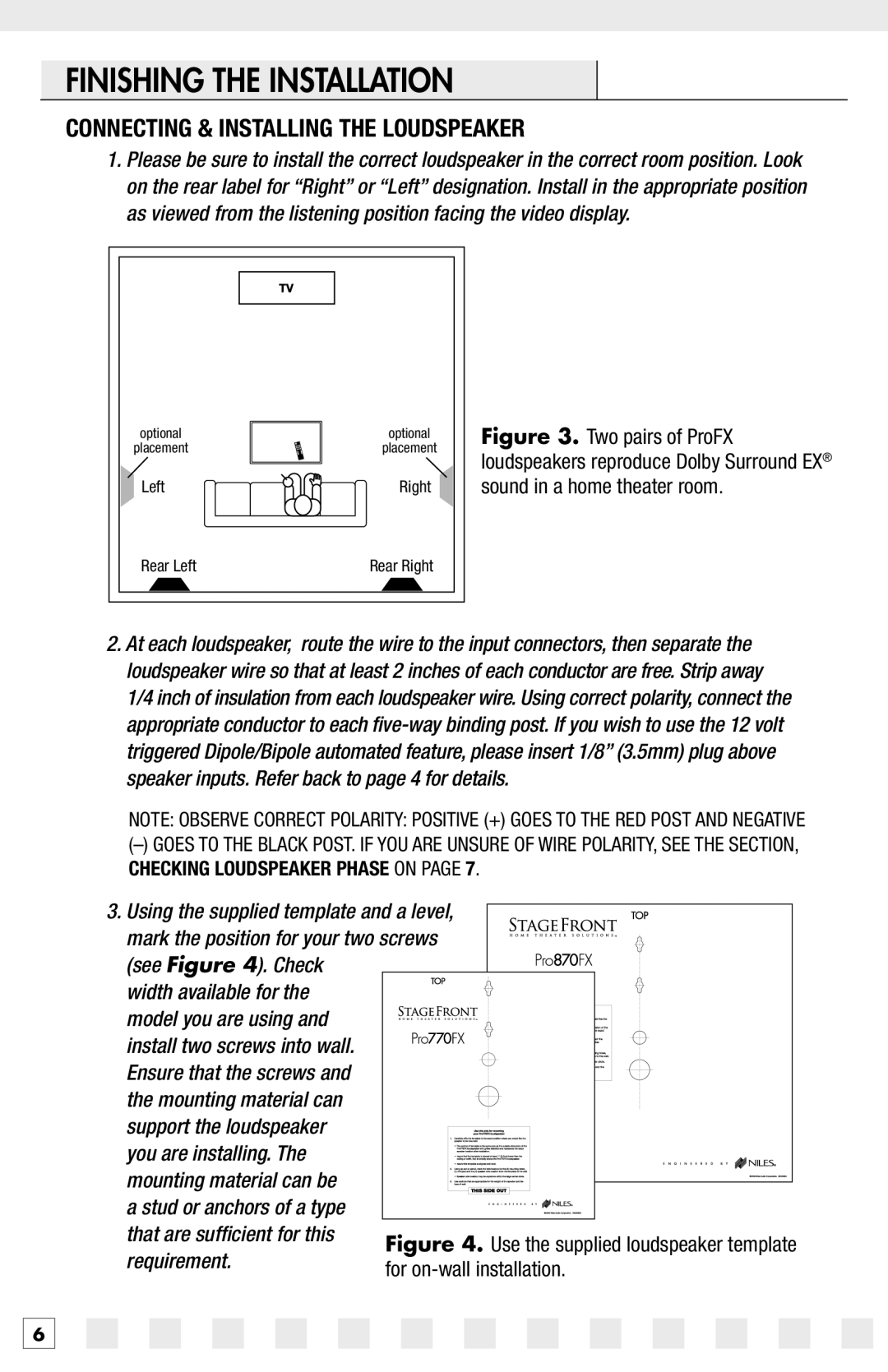 Niles Audio Pro770FX, Pro870FX manual Finishing the Installation, Connecting & Installing the Loudspeaker 