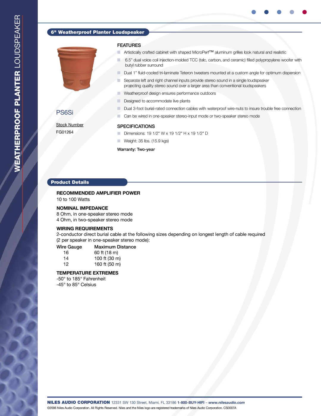 Niles Audio PS6SI specifications Weatherproof Planter, PS6Si, Nominal Impedance, Wiring Requirements 