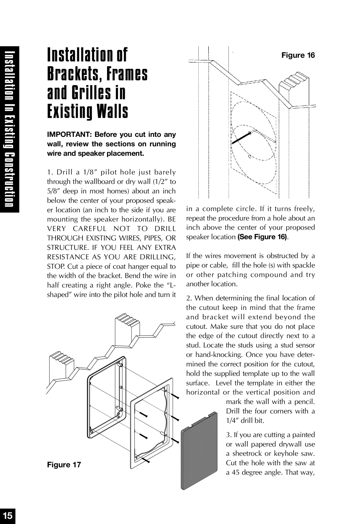 Niles Audio PSW8 manual Installation, Grilles Existing Walls 