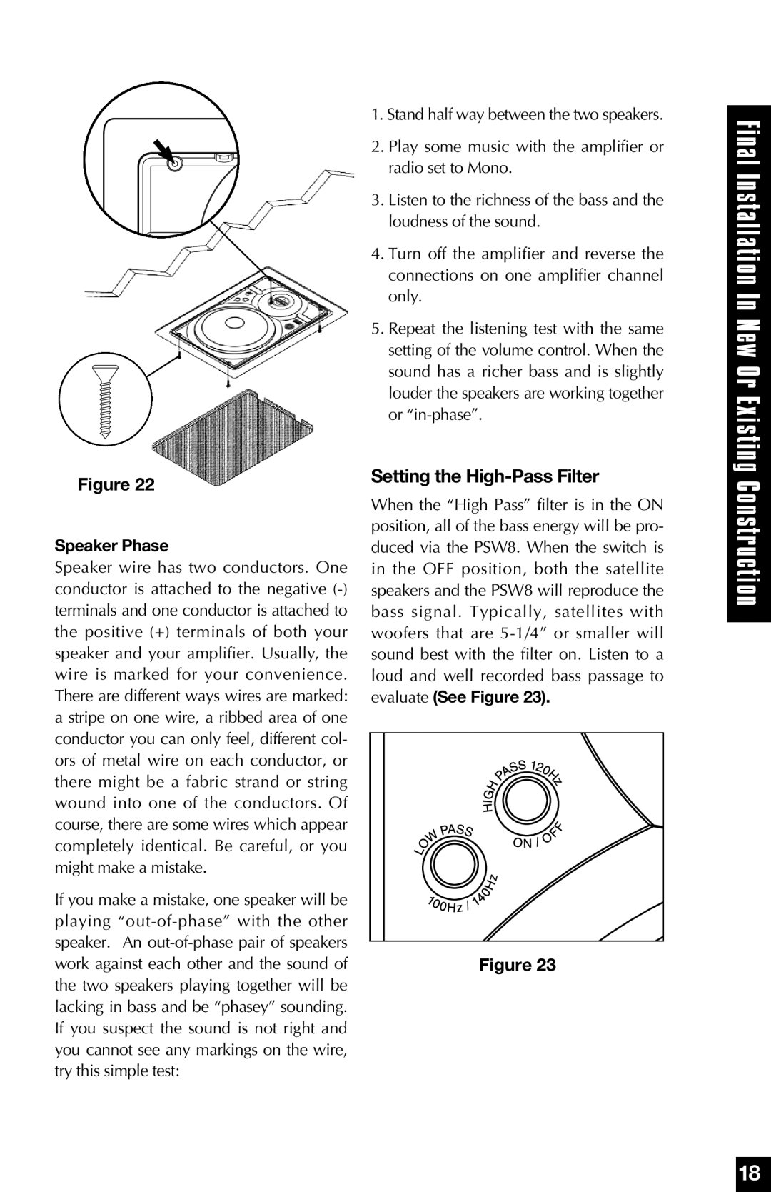 Niles Audio PSW8 manual Setting the High-Pass Filter, Speaker Phase 